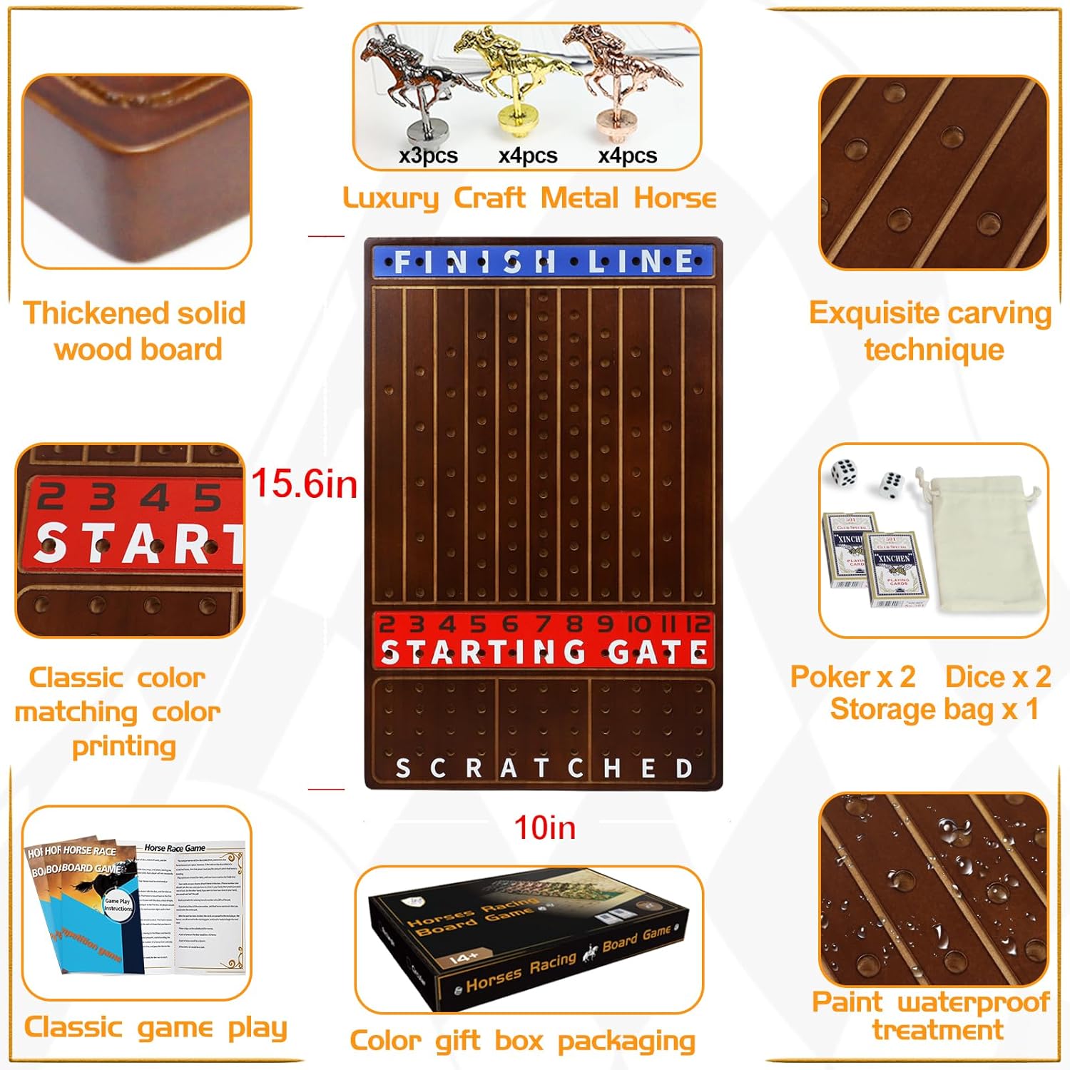 Thumbnail 3 de Jyquorp Metal Horse Race Board Game – Walnut, Thick Solid Wood Racing Set with 11 Metal Horses