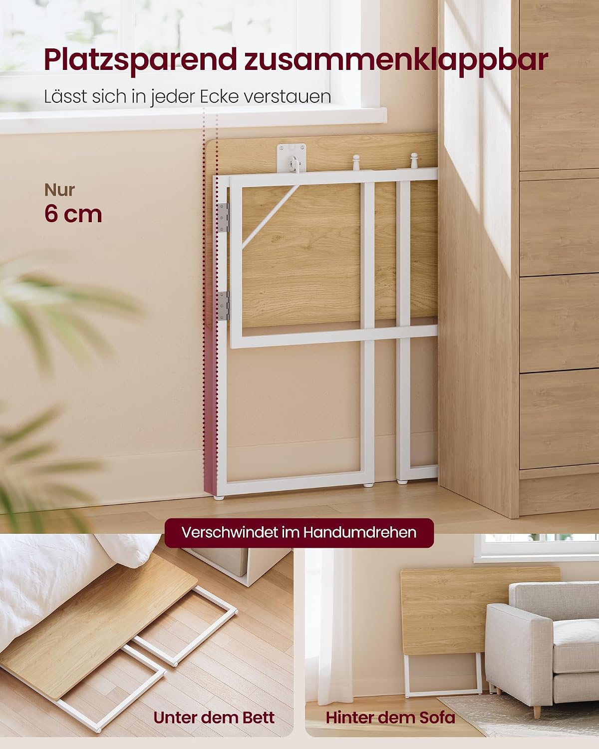 Thumbnail 3 de VASAGLE Klapptisch: Kleiner, tragbarer Computertisch aus einer Platte – 100 x 50 cm