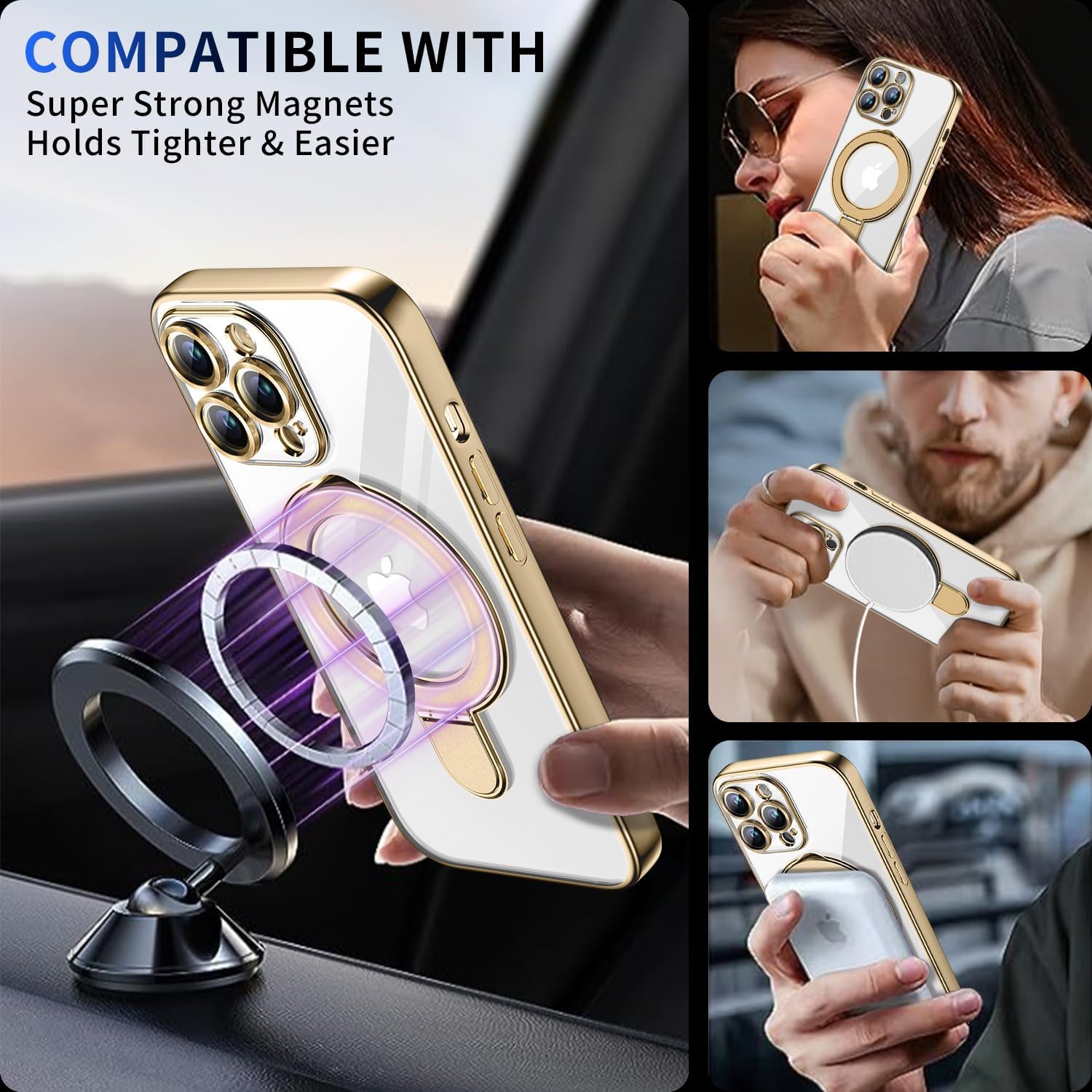 Thumbnail 4 de Pmteyoim Magnetic iPhone 14 Pro Case with Invisible Stand, Full Camera Lens Protection (MagSafe-Compatible) — Gold Clear Slim