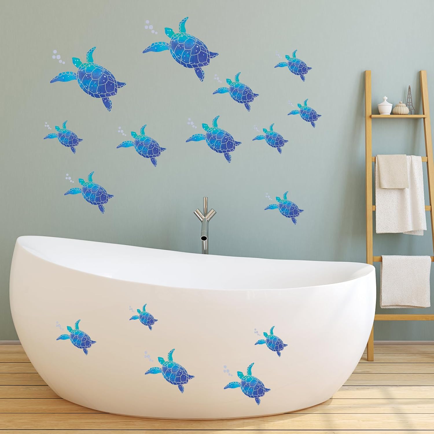 Thumbnail 4 de 45 Stück Meeresschildkröte Wandtattoo mit Gelbem Schaber – wasserfeste Vinyl-Aufkleber für Bad & Kinderzimmer (Blau)