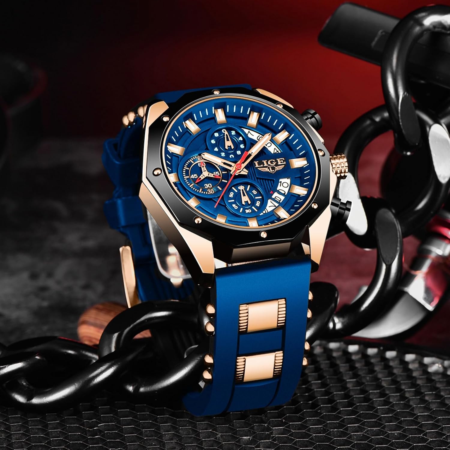 Thumbnail 6 de LIGE Montre Homme Vintage Chronographe – Or Rose Bleu, 3ATM