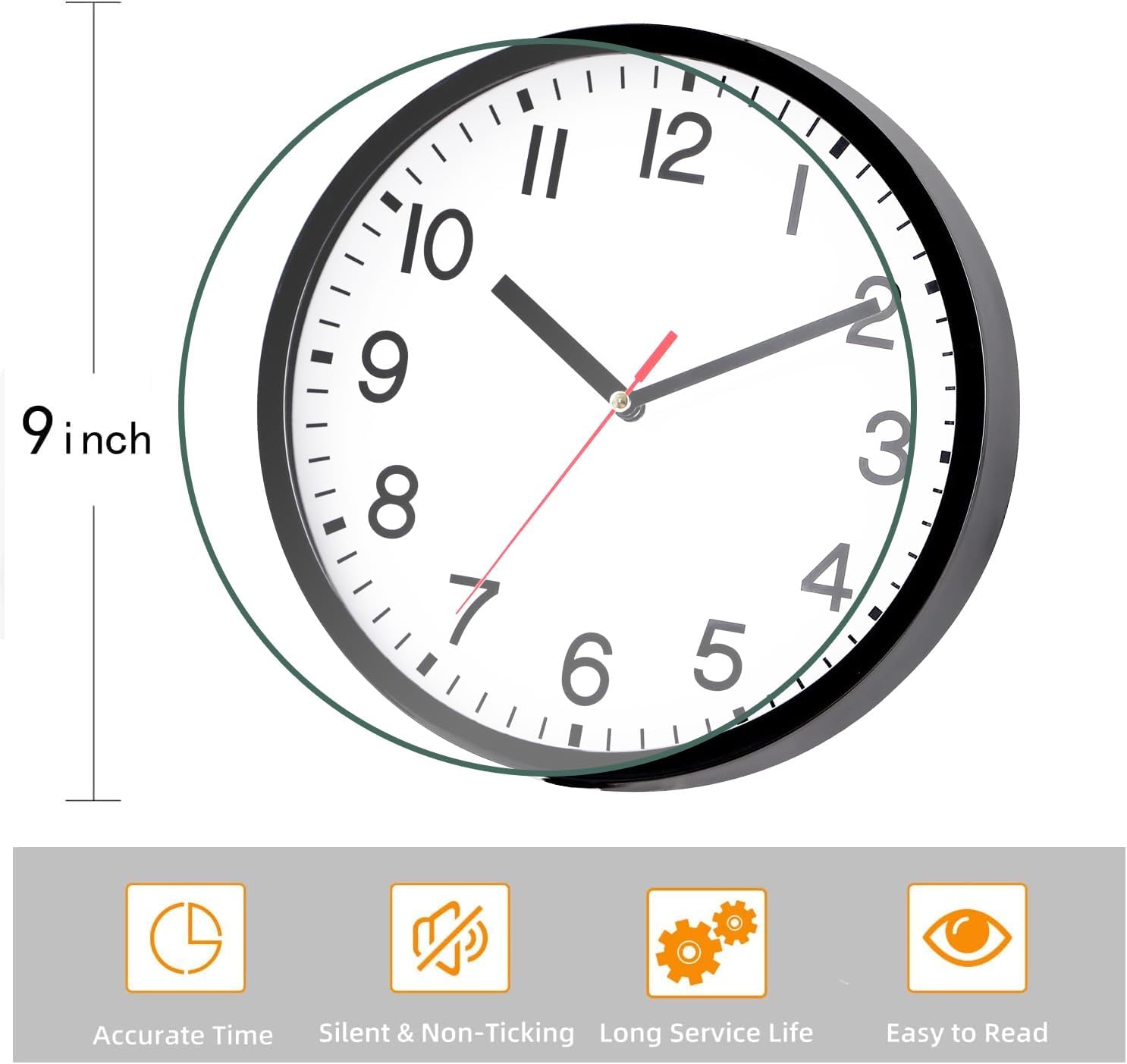 Thumbnail 1 de Wall Clock Silent Non Ticking 9" Quartz