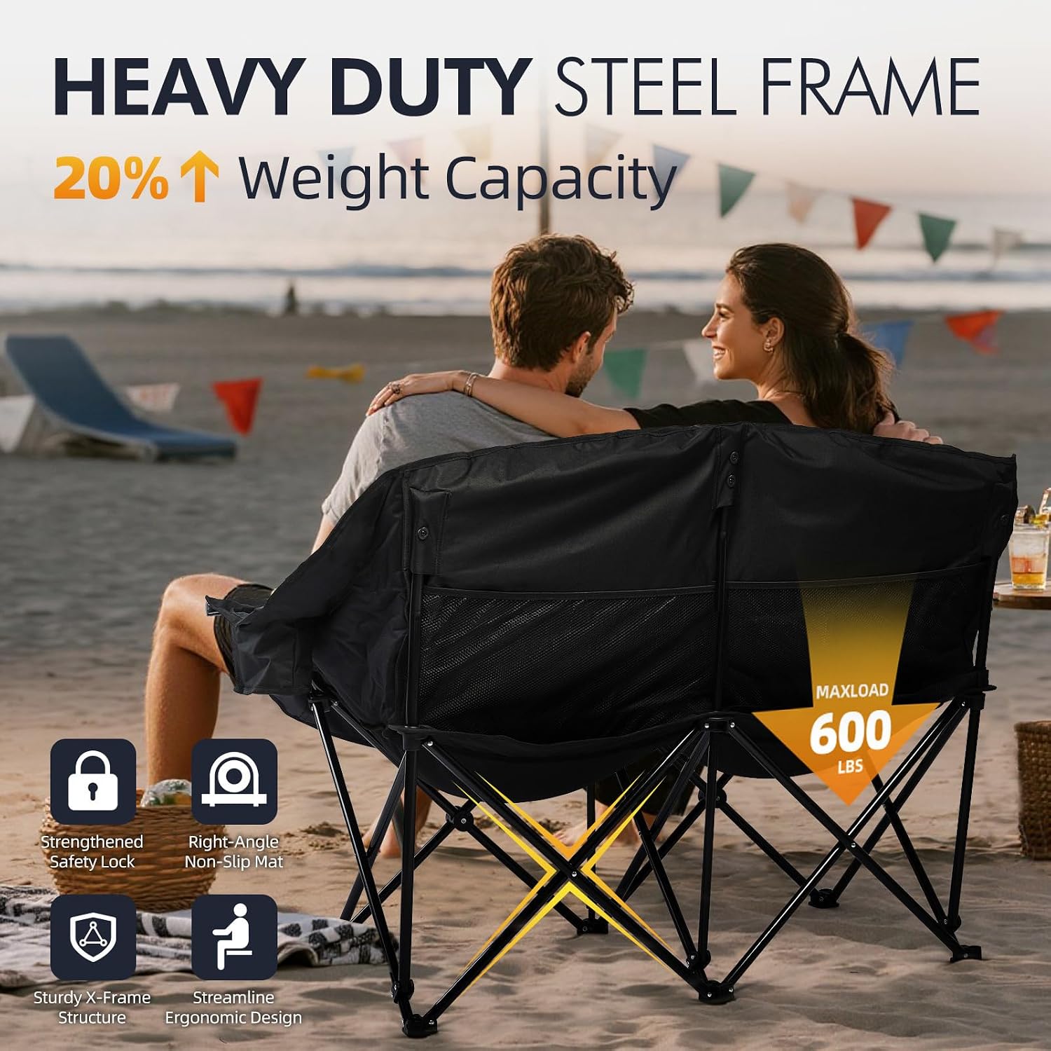 Thumbnail 4 de PUVASIA PW-224H1-Black Double Camping Loveseat, Padded and Foldable