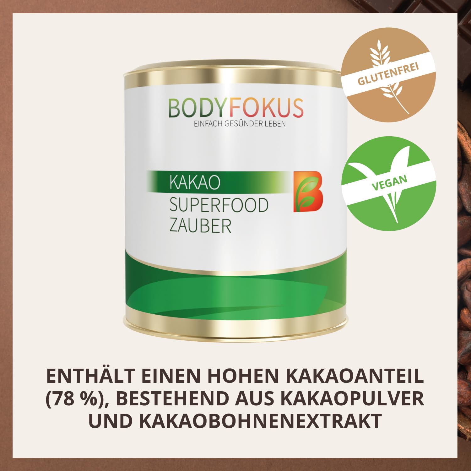 Detalle de BodyFokus Kakao Superfood Zauber – Hochprozentiger Kakao trifft Gewürze und Pflanzenstoffe
