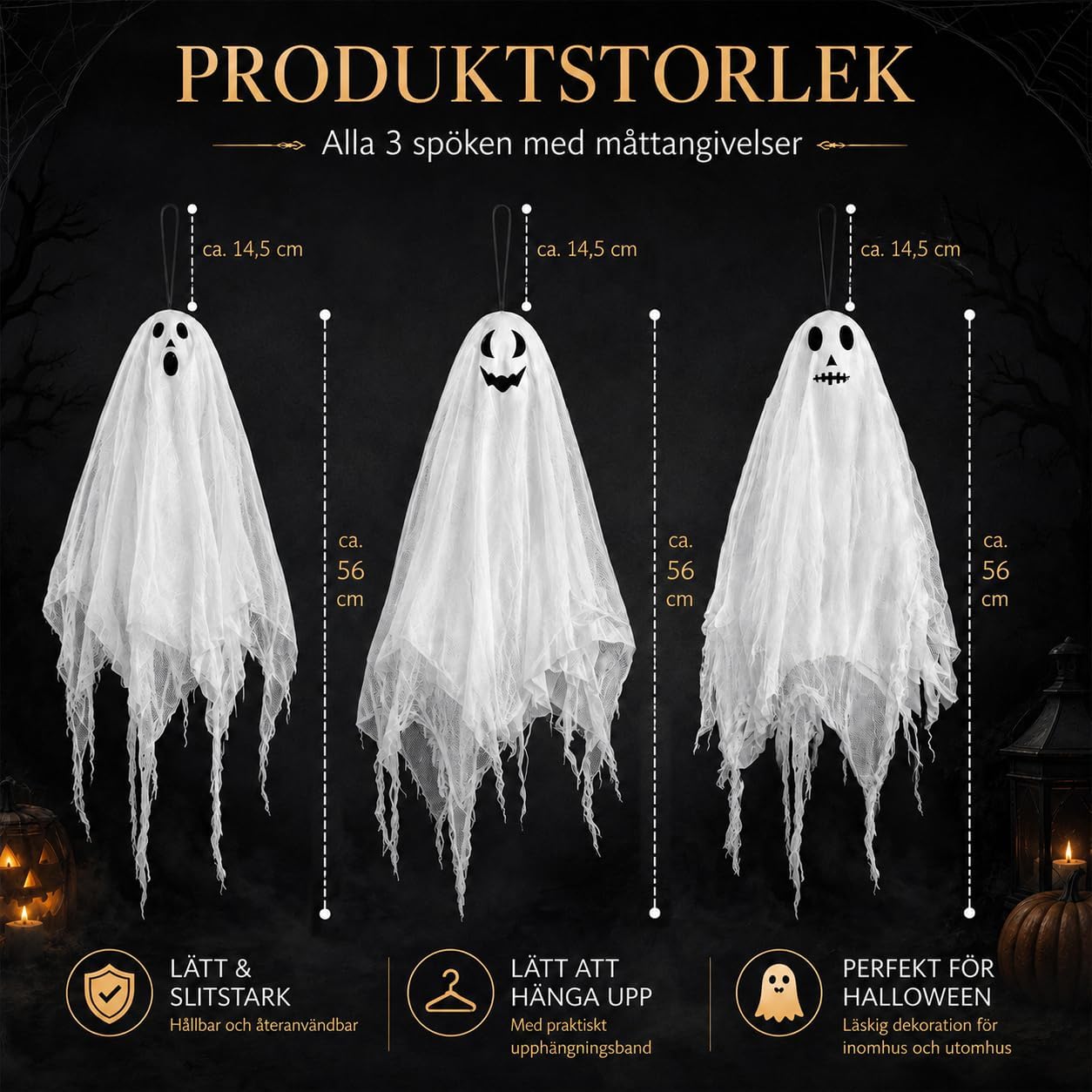 Detalle 2 de ShadowRealmTech 067 – hängande Halloween-spöken med varmvit LED och tre ljuslägen