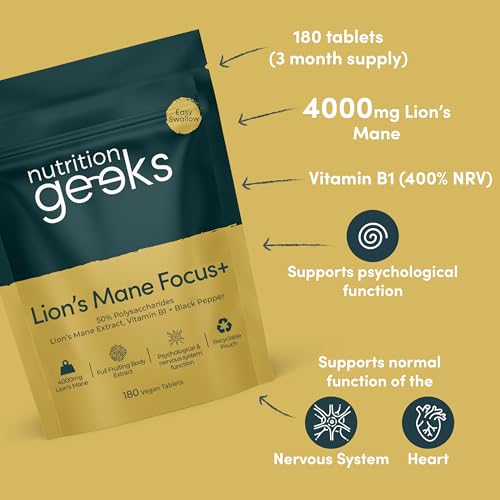 Detalle de Nutrition Geeks Lion's Mane Focus+ 4000mg with Vitamin B1 & Black Pepper — 180 Vegan Tablets (15:1 Extract) UK Made
