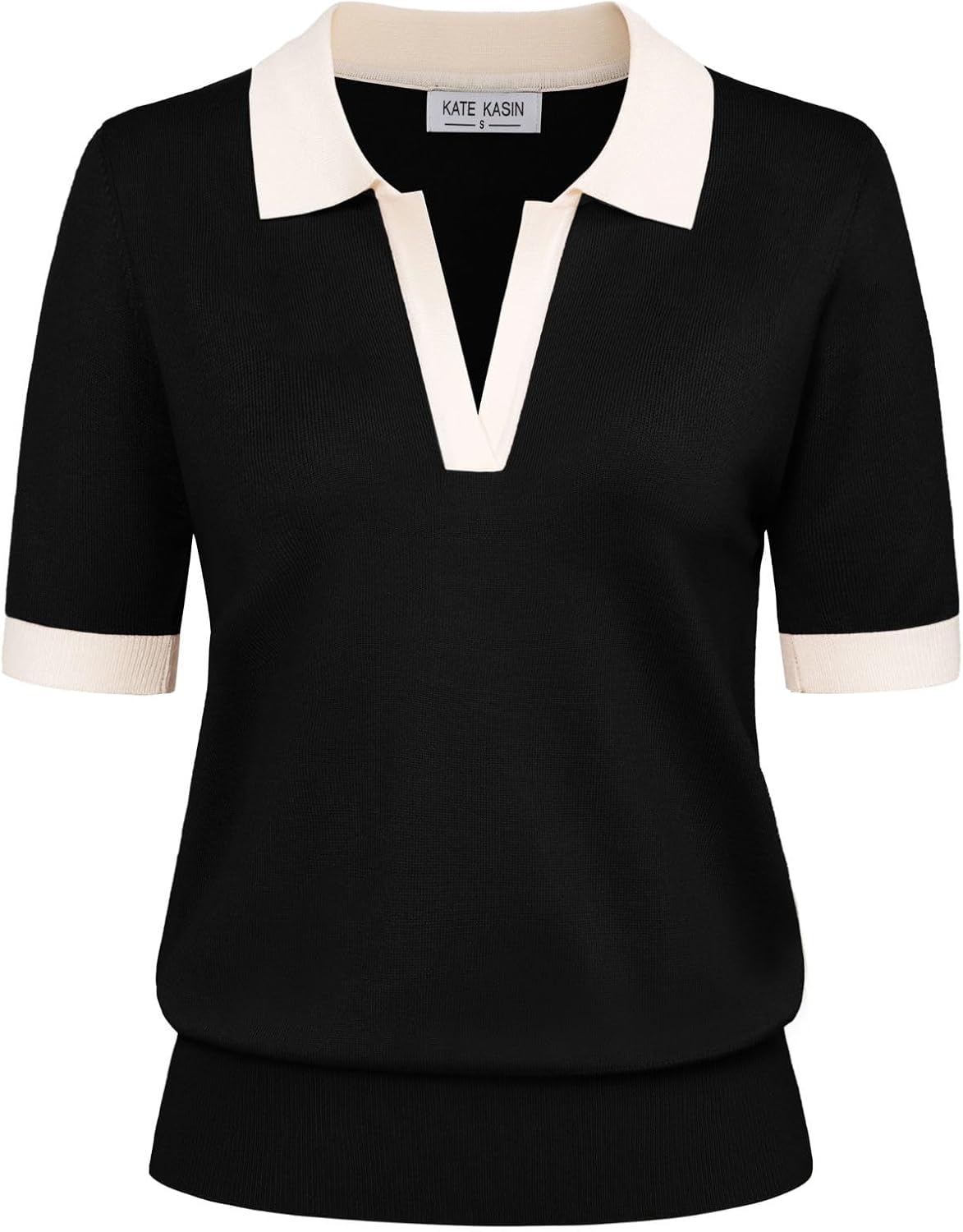 Detalle de Kate Kasin Women’s Short Sleeve Polo Sweater (V-Neck Ribbed Knit Pullover)