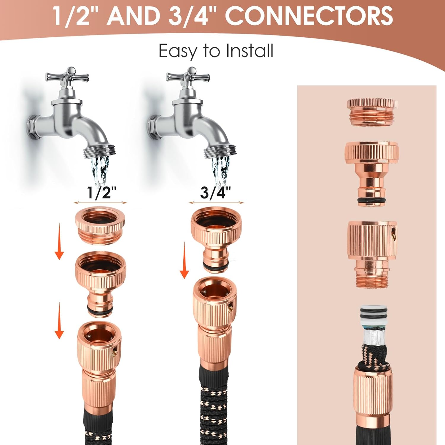 Thumbnail 4 de Expandable Garden Hose Pipe – 100ft Flexible Hose with 3/4" & 1/2" Brass Fittings and 10-Pattern Spray Gun