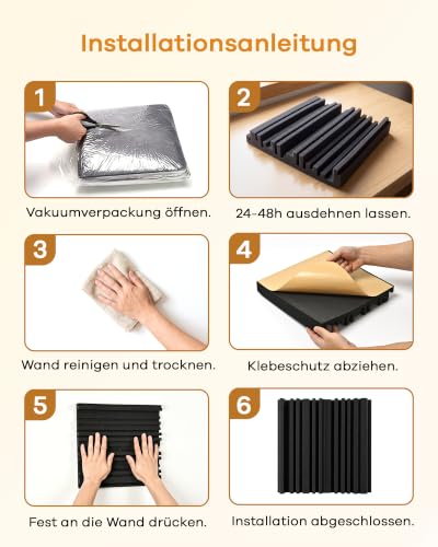 Detalle de HERTBER 24 Stück Akustikschaumstoff Selbstklebend – 30 × 30 × 5 cm, Schwarz