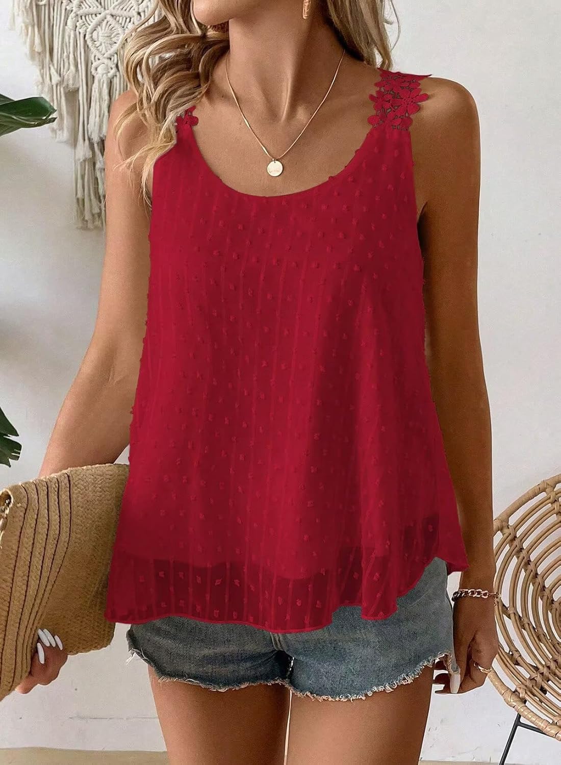 Thumbnail 1 de Womens Tank Tops Flowy Sleeveless Summer Boho Tank Top for Women Casual Crewneck Strap Lace Camisole Shirts