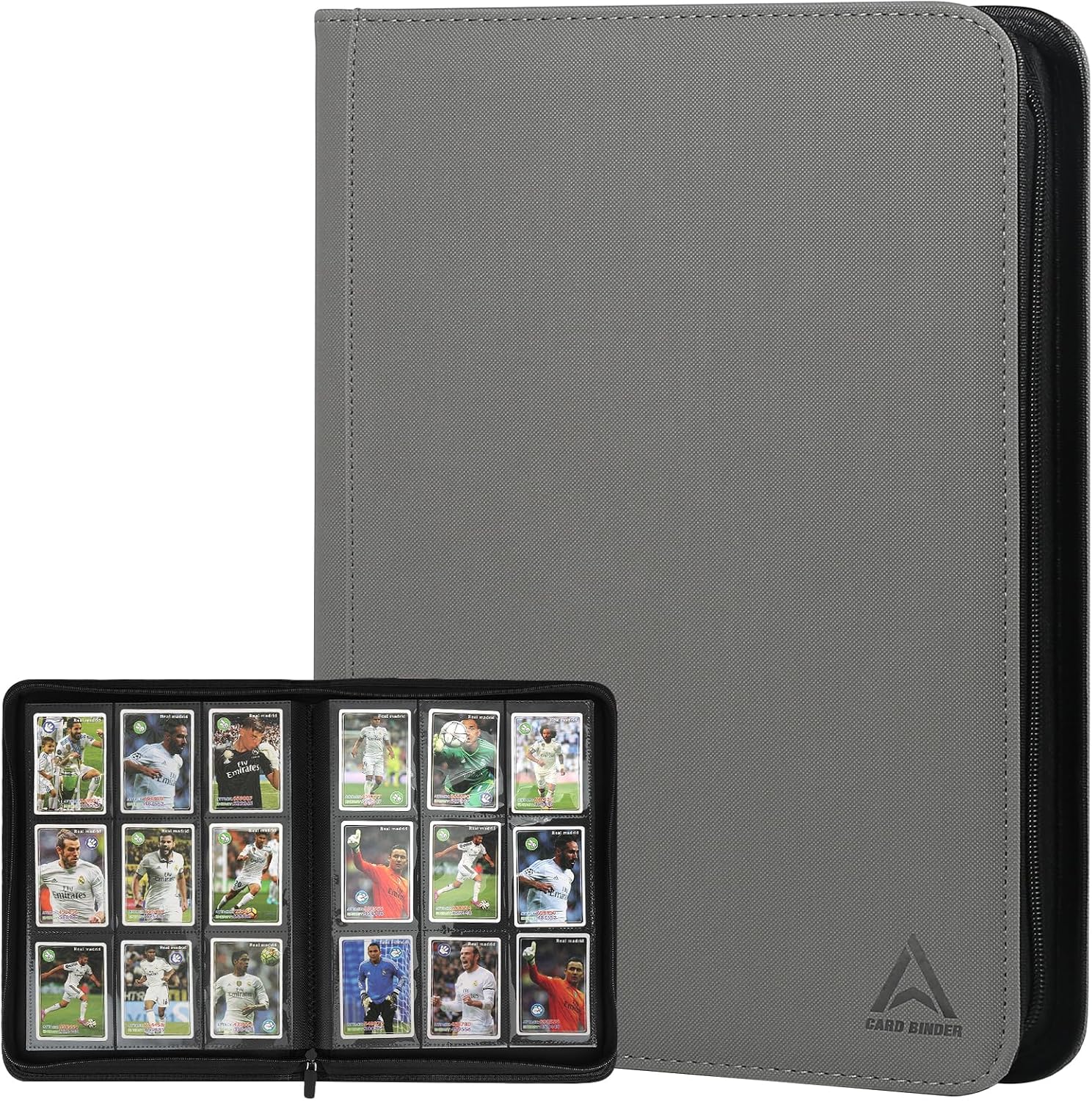 Detalle de Arkeiliy 9-Pocket Card Binder, 540-Card Capacity, Zipper, Gray PU Leather