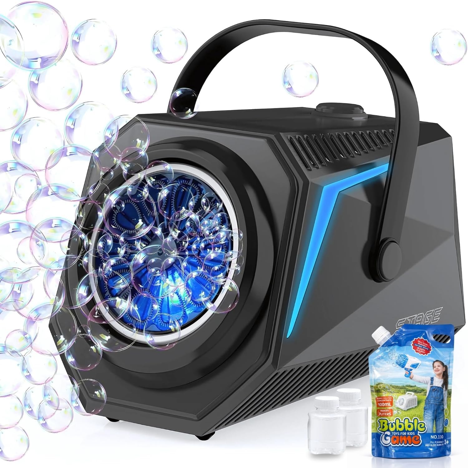 Blubbel LED Seifenblasenmaschine mit 1L Seifenblasenflüssigkeit – 10 Düsen, batteriebetrieben