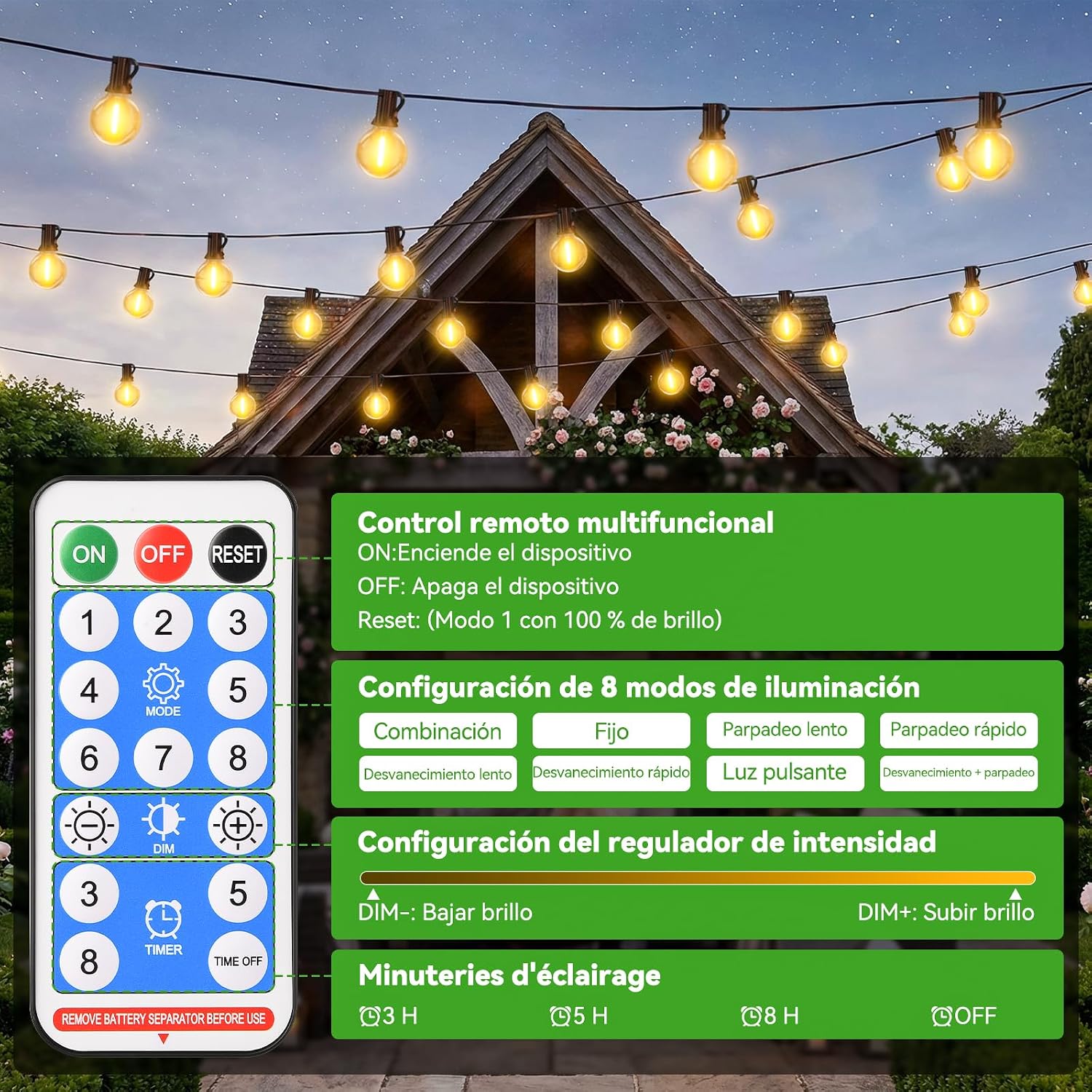 Detalle de FGRYB Solares Guirnalda Luces Exterior Jardin 15M con Control Remoto, 20 Bombillas G40 IP65