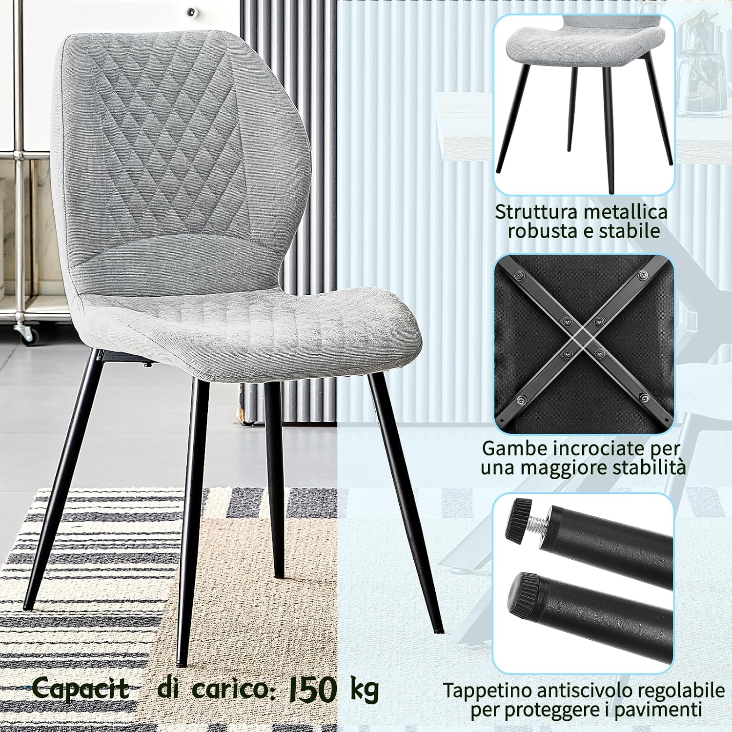 Detalle 1 de JIJIAN set 4 sedie imbottite in lino grigio