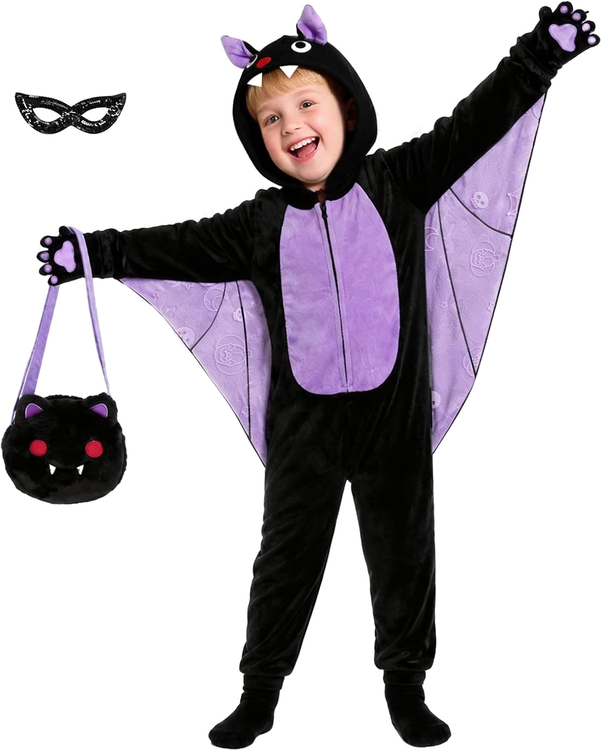 Detalle de Learn2M Kids Bat Costume, Purple Flannel Onesie with Wings and Matching Bag