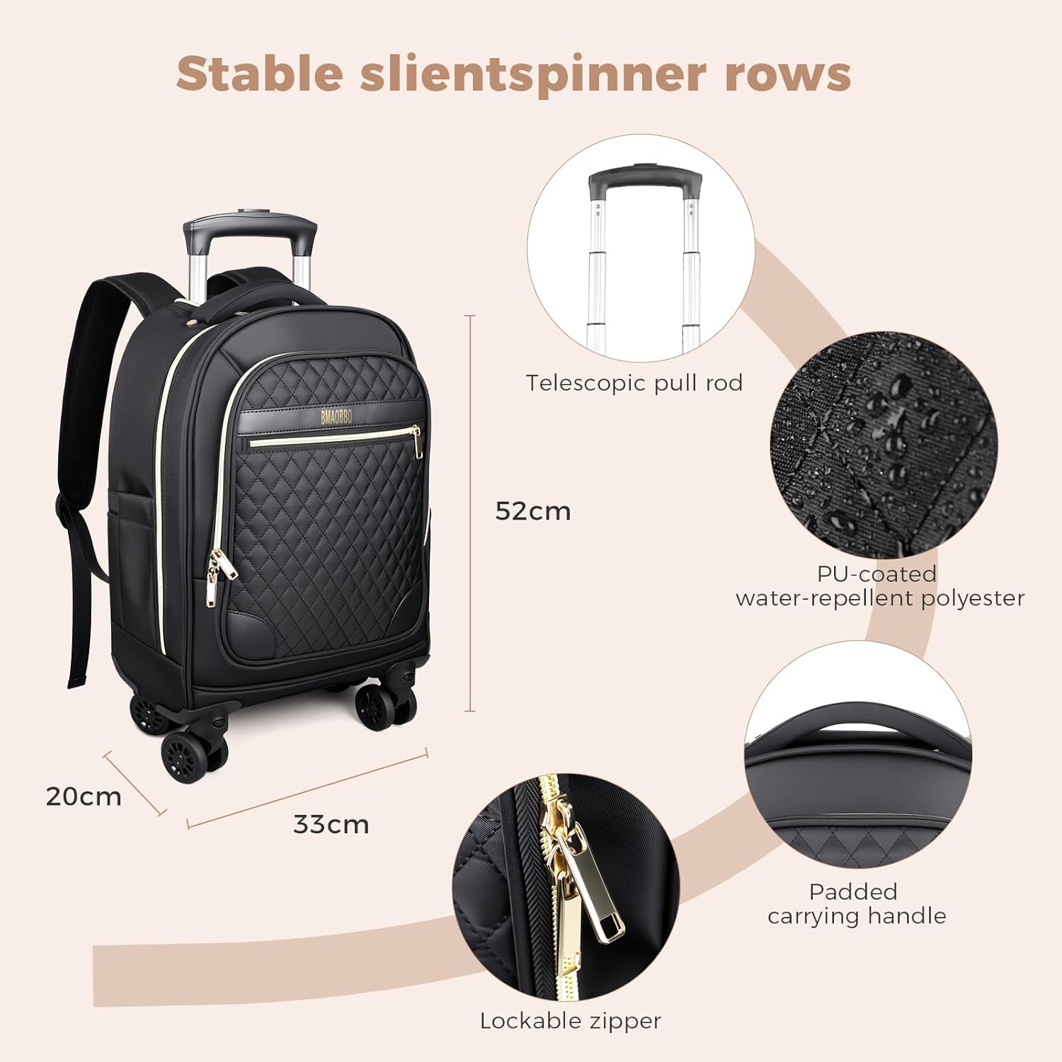 Detalle de BMaoBBo Women’s 15.6" Wheeled Backpack Carry-On Trolley Luggage (30L, 52x32x20cm) – Black