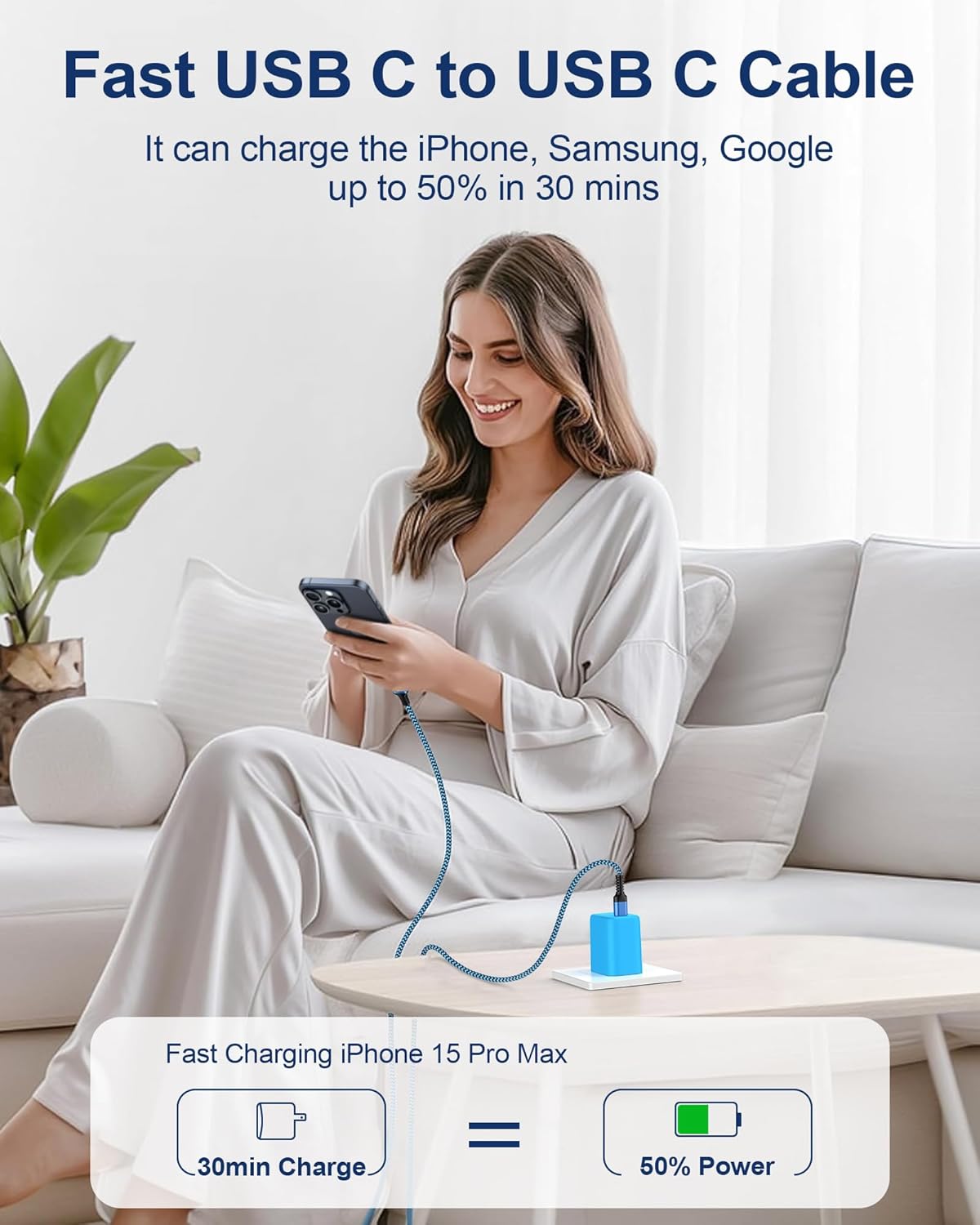 Thumbnail 3 de Apple iPhone 16/17 USB-C Charging Cord (2-Pack, 6ft) — Nylon Braided USB-C to USB-C Fast Charging Cable