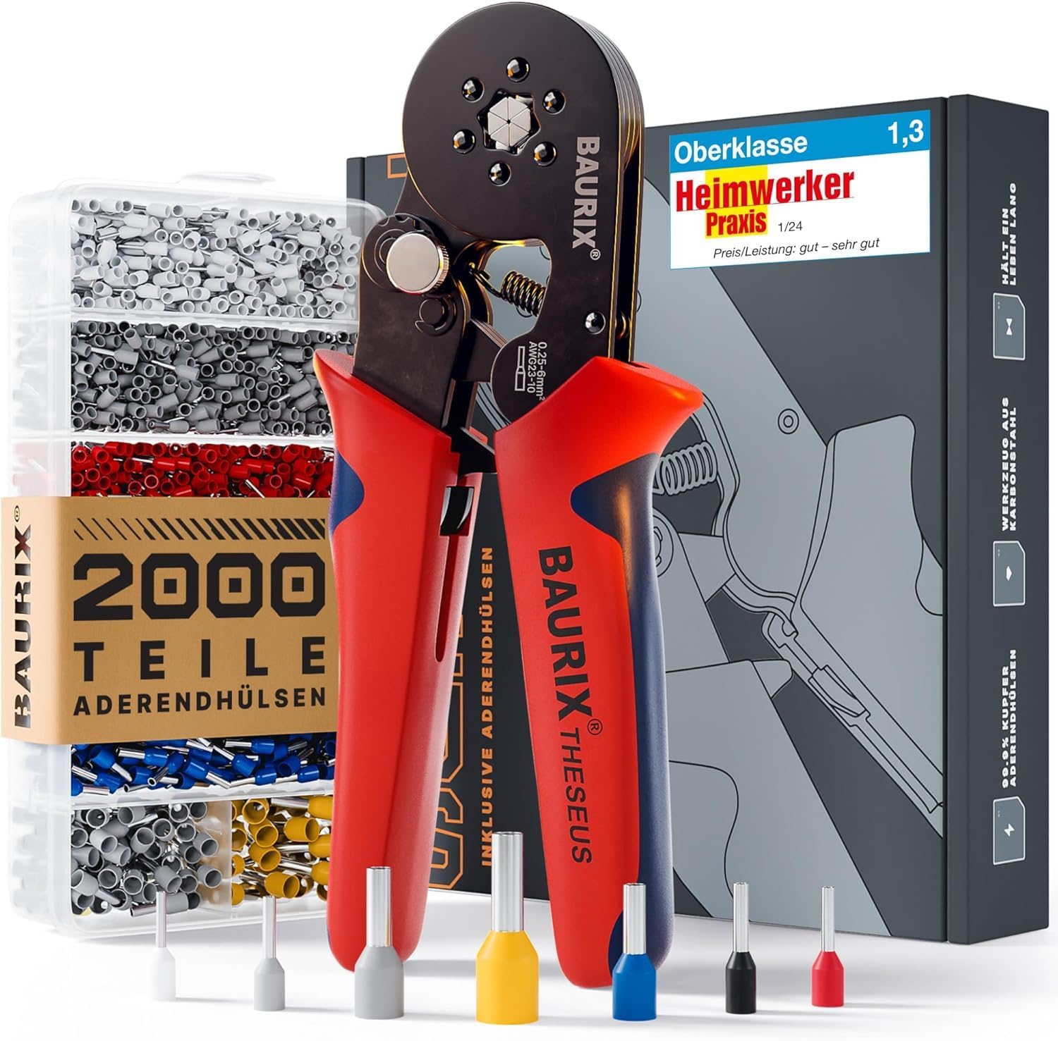 Detalle de BAURIX Crimpzange Set mit 2000 Aderendhülsen 0,25–6 mm²