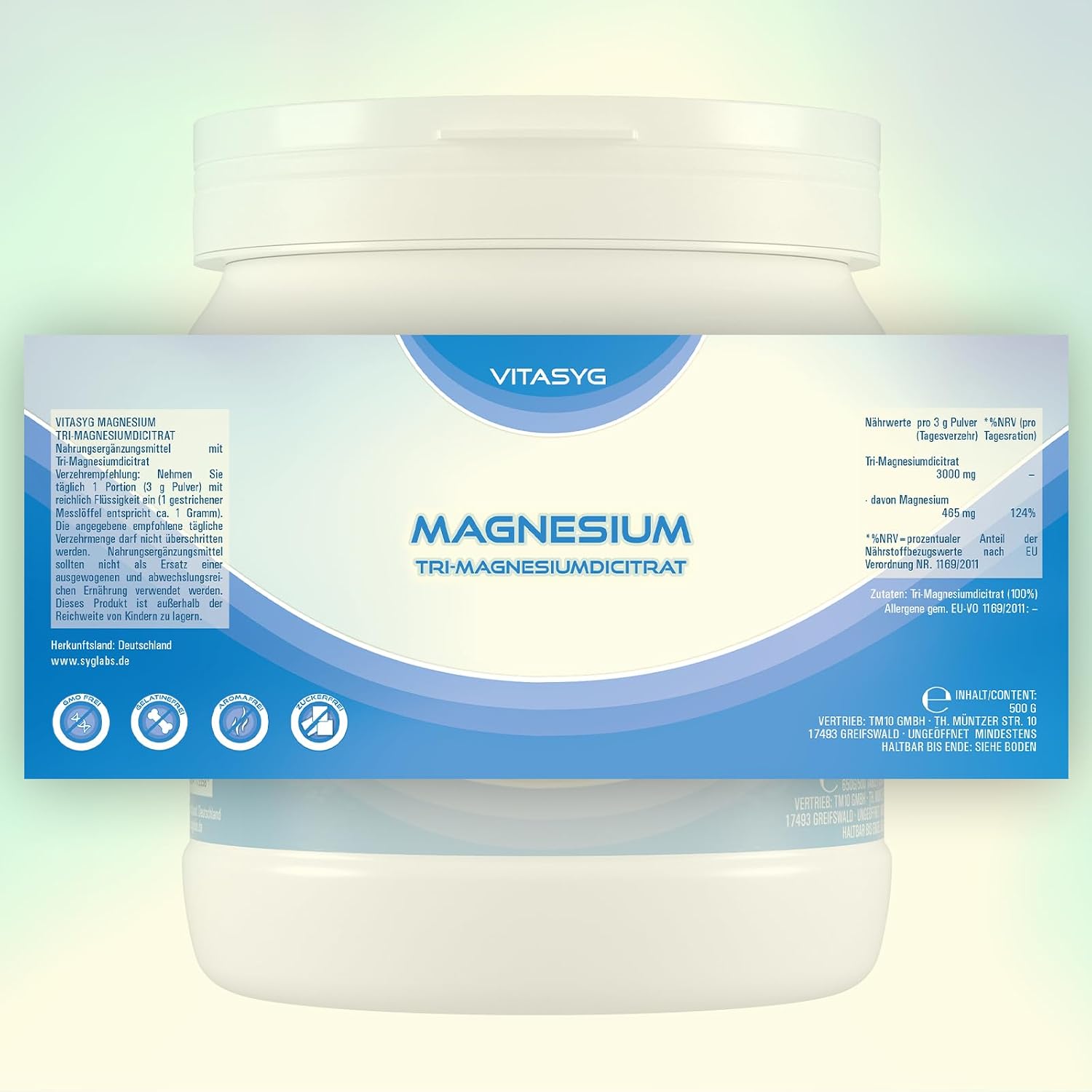 Detalle de Vitasyg Tri-Magnesiumdicitrat Pulver (500 g) – Magnesiumcitrat vegan, ohne Zusätze inkl. Messlöffel