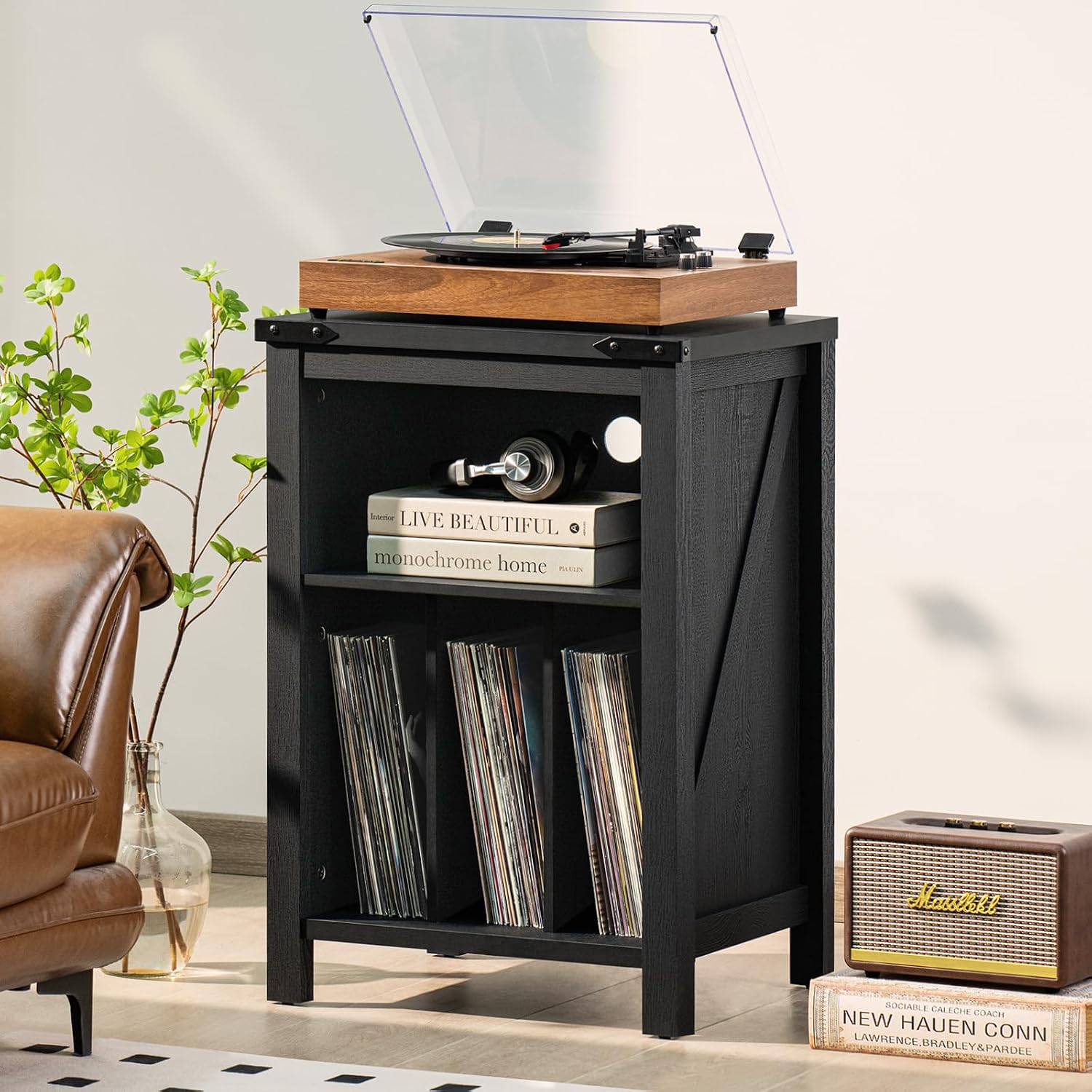 Detalle 2 de Joaxswe Model 1 Record Player Stand, Black Wood Storage for up to 160 Albums