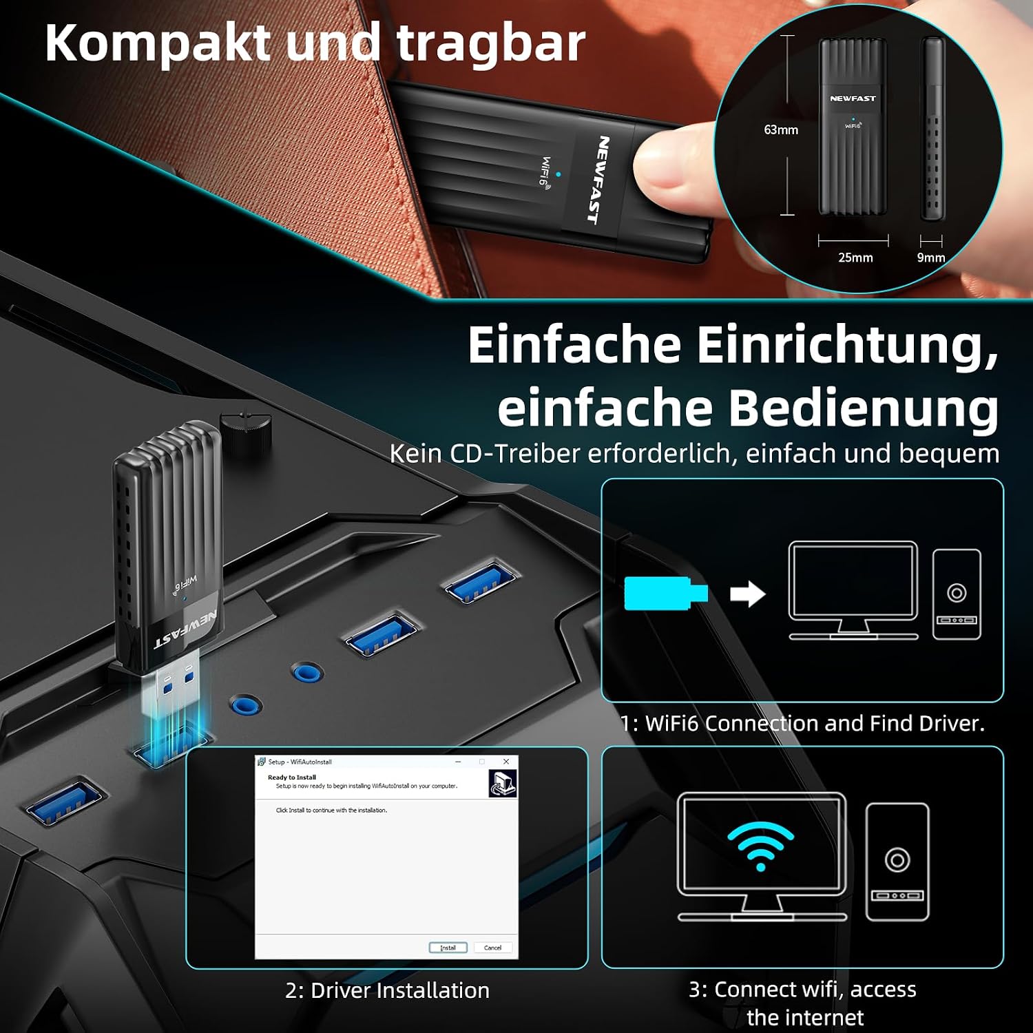 Detalle de NEWFAST USB 3.0 WLAN Stick für PC – 3000Mbps WiFi 6 Adapter, Dual‑Band, WPA3, MU‑MIMO, 5dBi Antennen, Windows 10/11