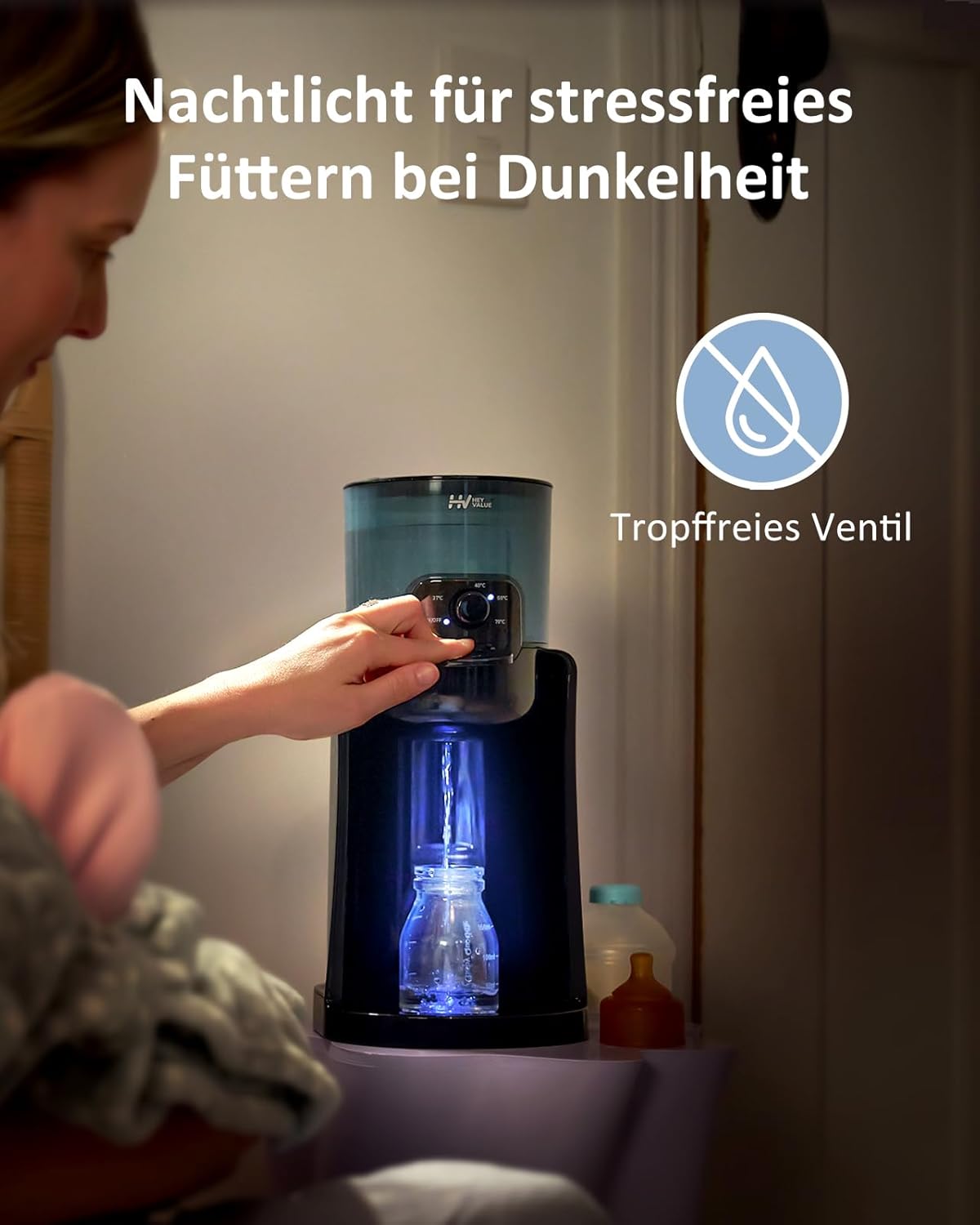 Detalle de HeyValue Baby Flaschenzubereiter und Flaschenwärmer – 4 Temperaturstufen, 72 Stunden Wärmehaltung, BPA-frei, Nachtlicht