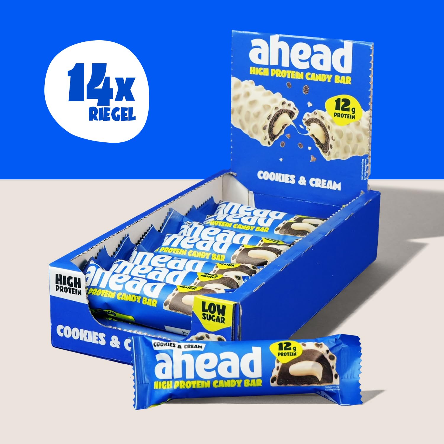 Detalle 2 de ahead Protein Riegel Cookies & Cream – 14x45 g, Extra softer, Low Carb & ohne Zuckerzusatz