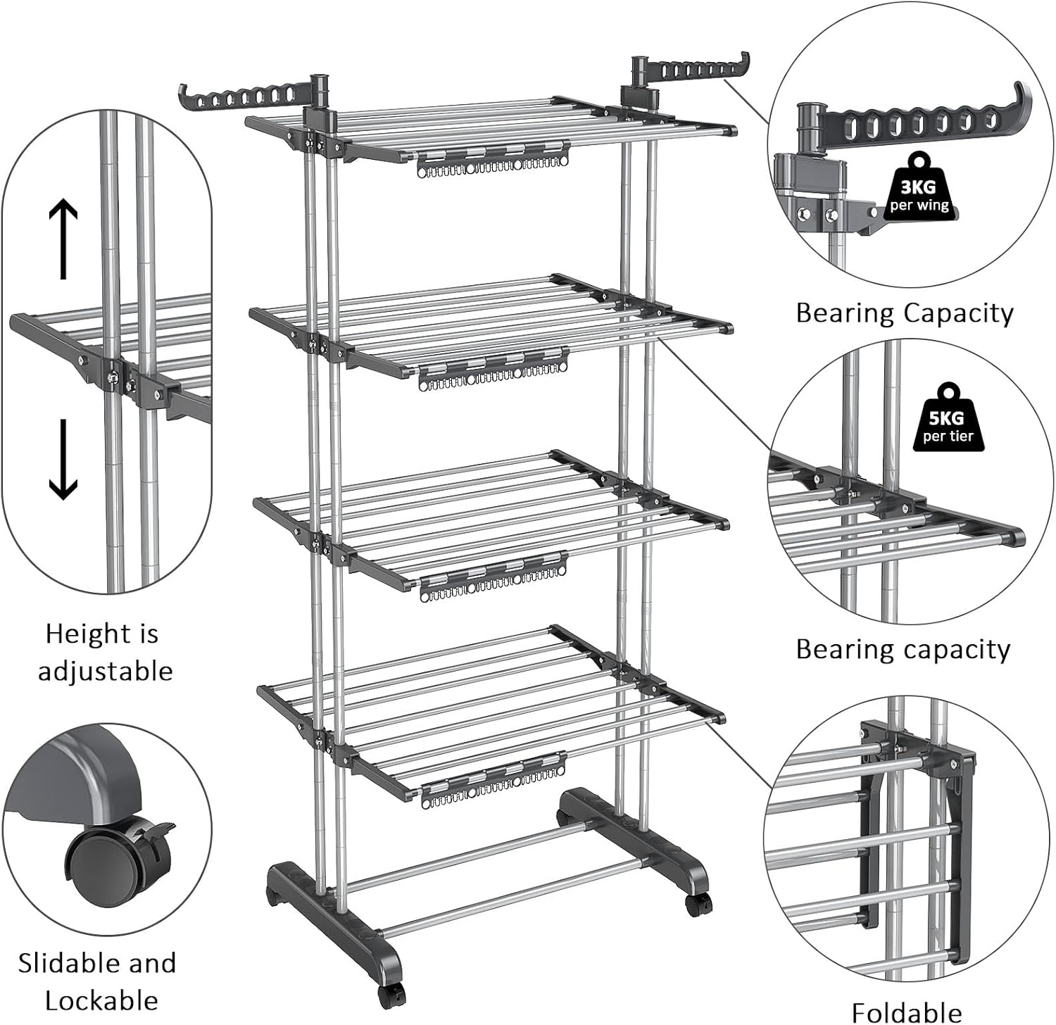Detalle 1 de Shrivee NR765-2 4-Tier Clothes Airer with Adjustable Shelves and Wheels