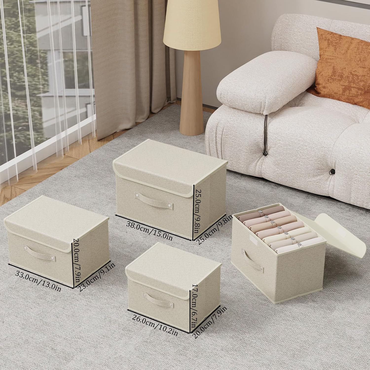 Detalle 2 de ENUMAIL 3er Set Stoff-Aufbewahrungsboxen mit Griff und Deckel (faltbar) 33×23×20 cm, Grau & Beige