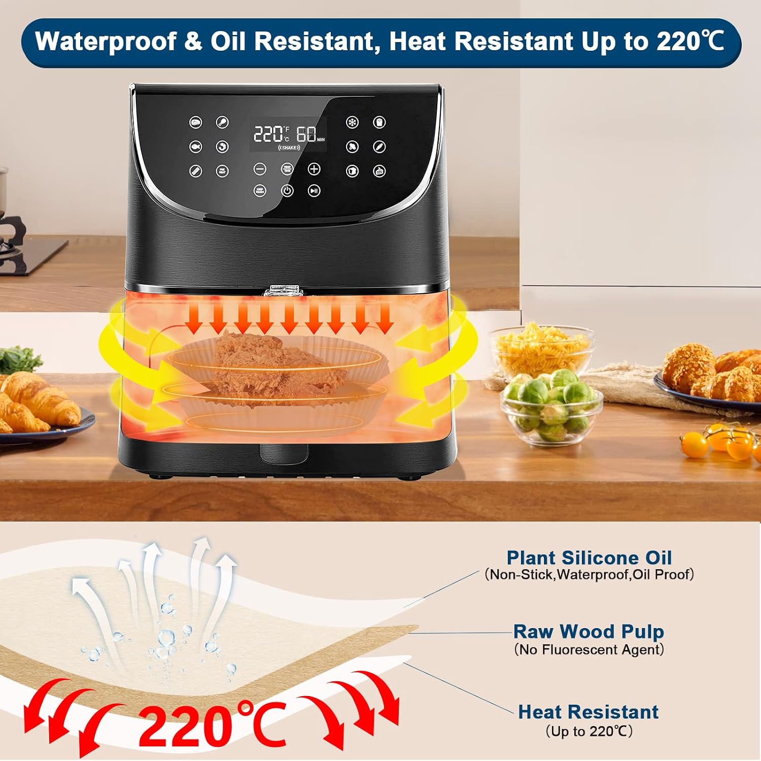 Detalle de Stone TH 4.5L-8L Air Fryer Paper Liners, 100pcs, 7.9 Inch Square – Parchment Liners Compatible with COSORI, Instant, Tefal and Russell Hobbs