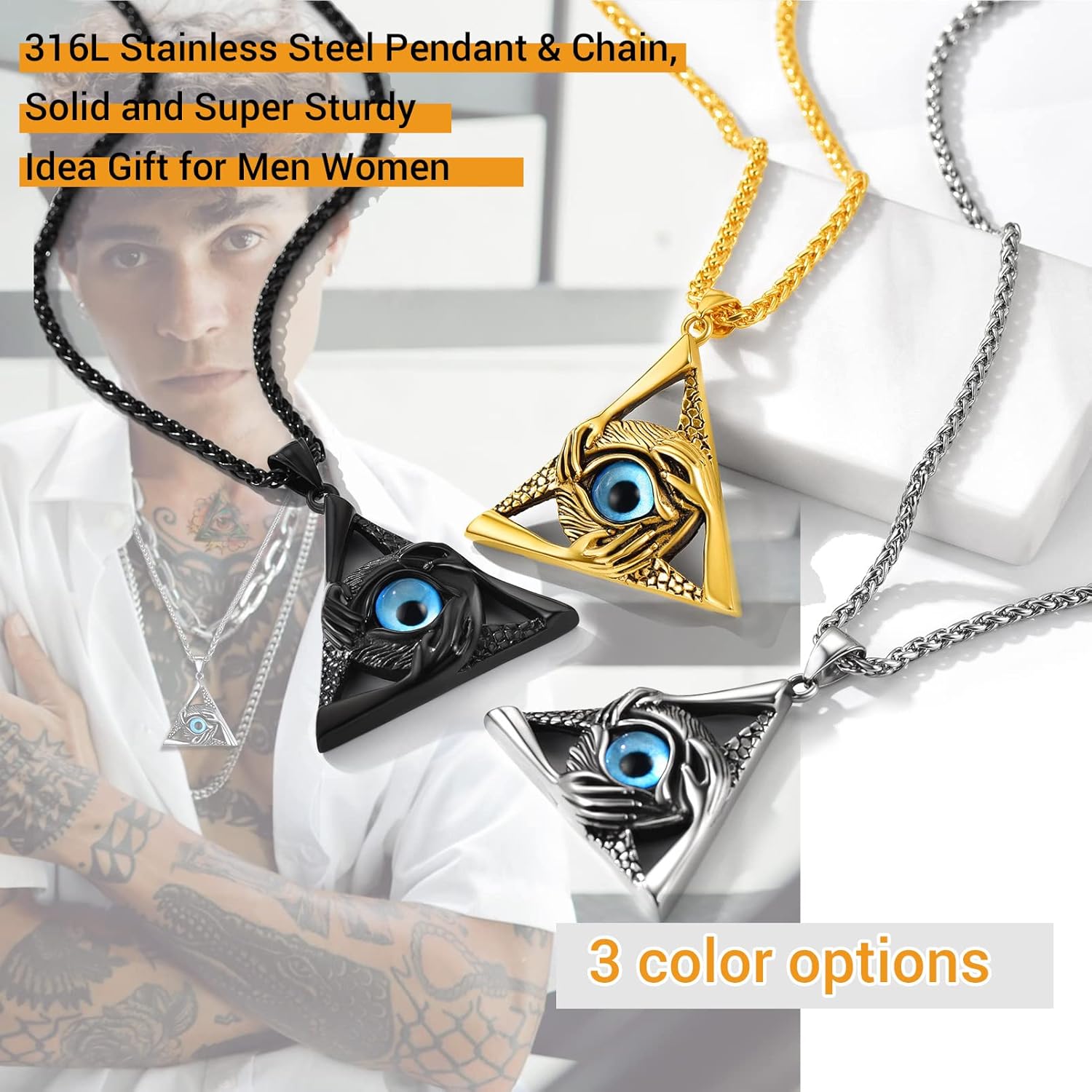 Thumbnail 5 de PROSTEEL Collana da uomo con occhio blu e tre mani in acciaio inox 316L