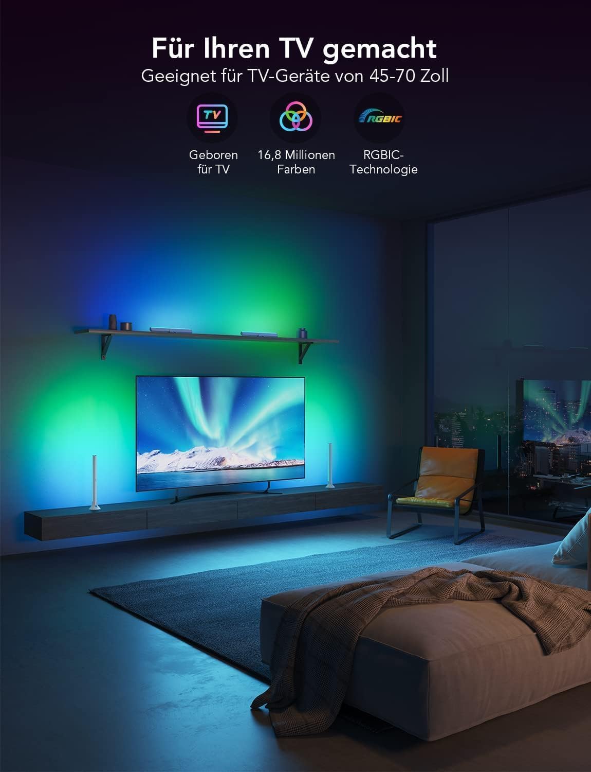 Detalle de Govee RGBIC LED Lightbar für TV 45–70 Zoll – WLAN, Sprachsteuerung, 3 Montageoptionen