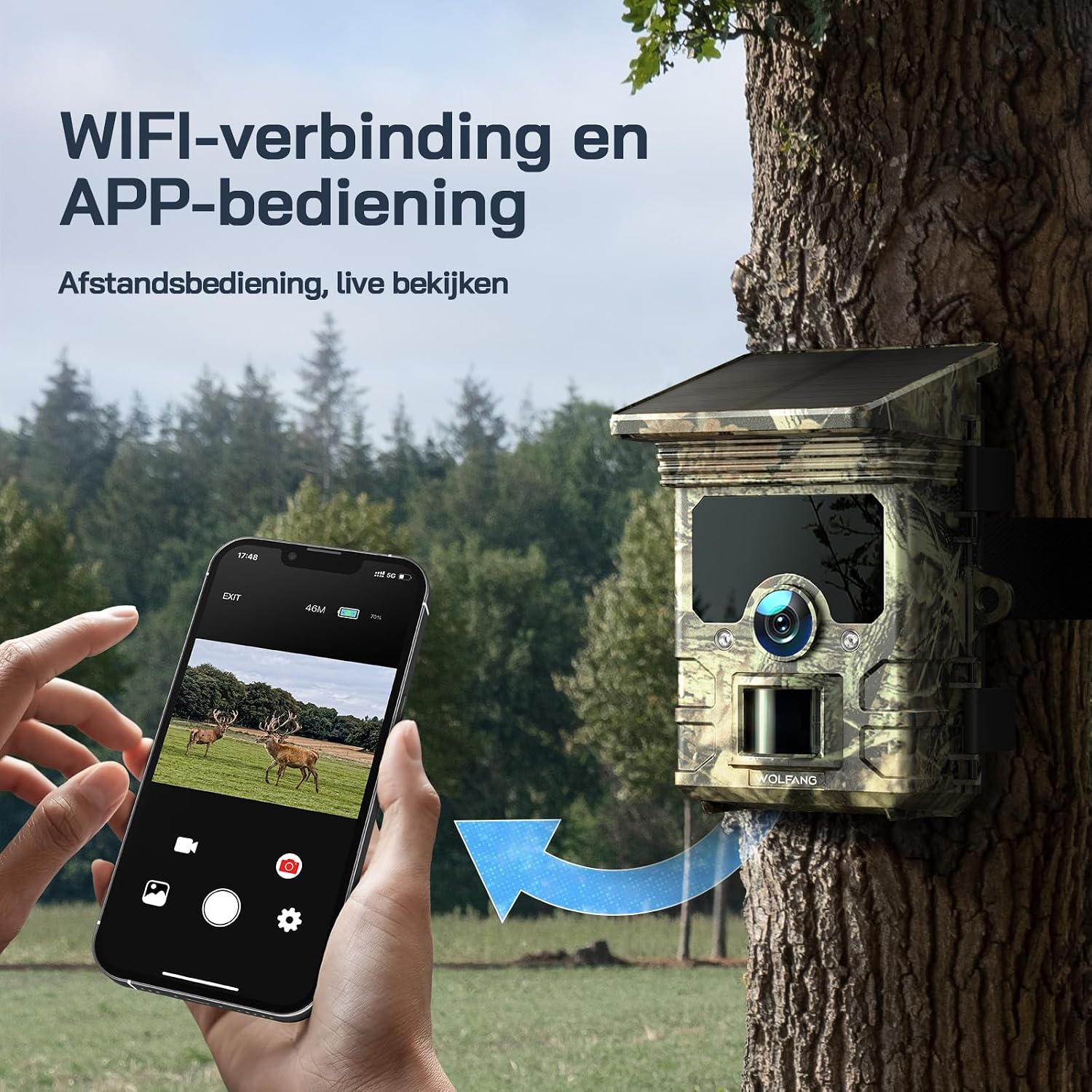 Detalle 2 de WOLFANG WT03 wildcamera met zonnepaneel, 4K-video en 68MP-foto’s
