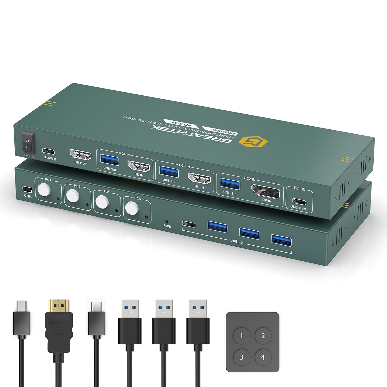 Detalle de GREATHTEK 4-Port KVM Switch, 4K@60Hz, HDMI, DisplayPort & USB-C
