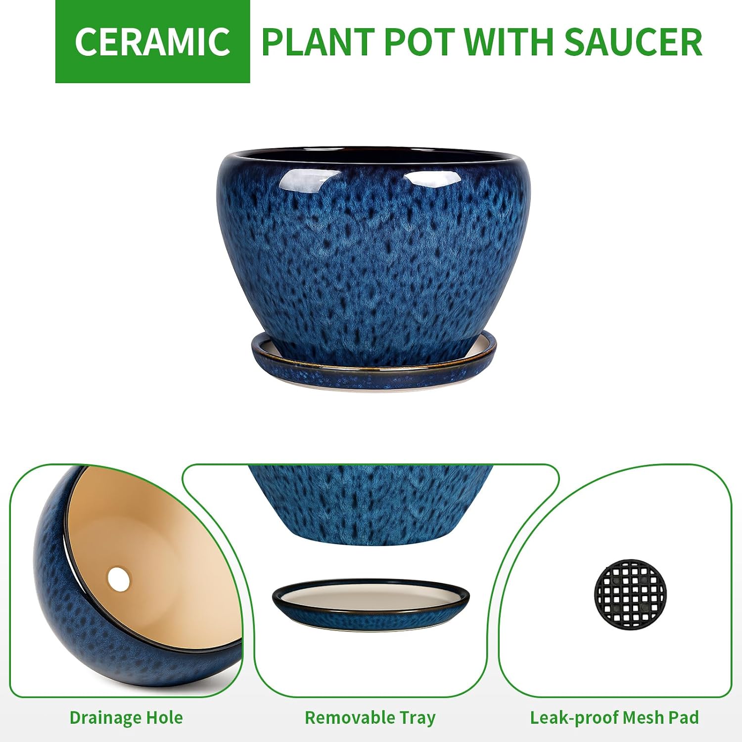 Detalle de Deep Dream 10-Inch Ceramic Planter with Blue Glaze, Drainage Hole and Tray