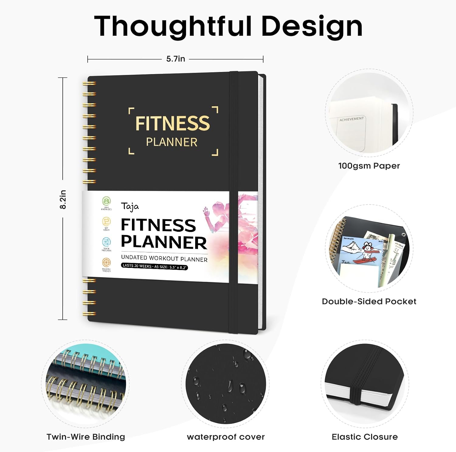 Detalle de Taja T009-Fitness-Black Workout Journal, A5 Undated Planner, 160 Pages