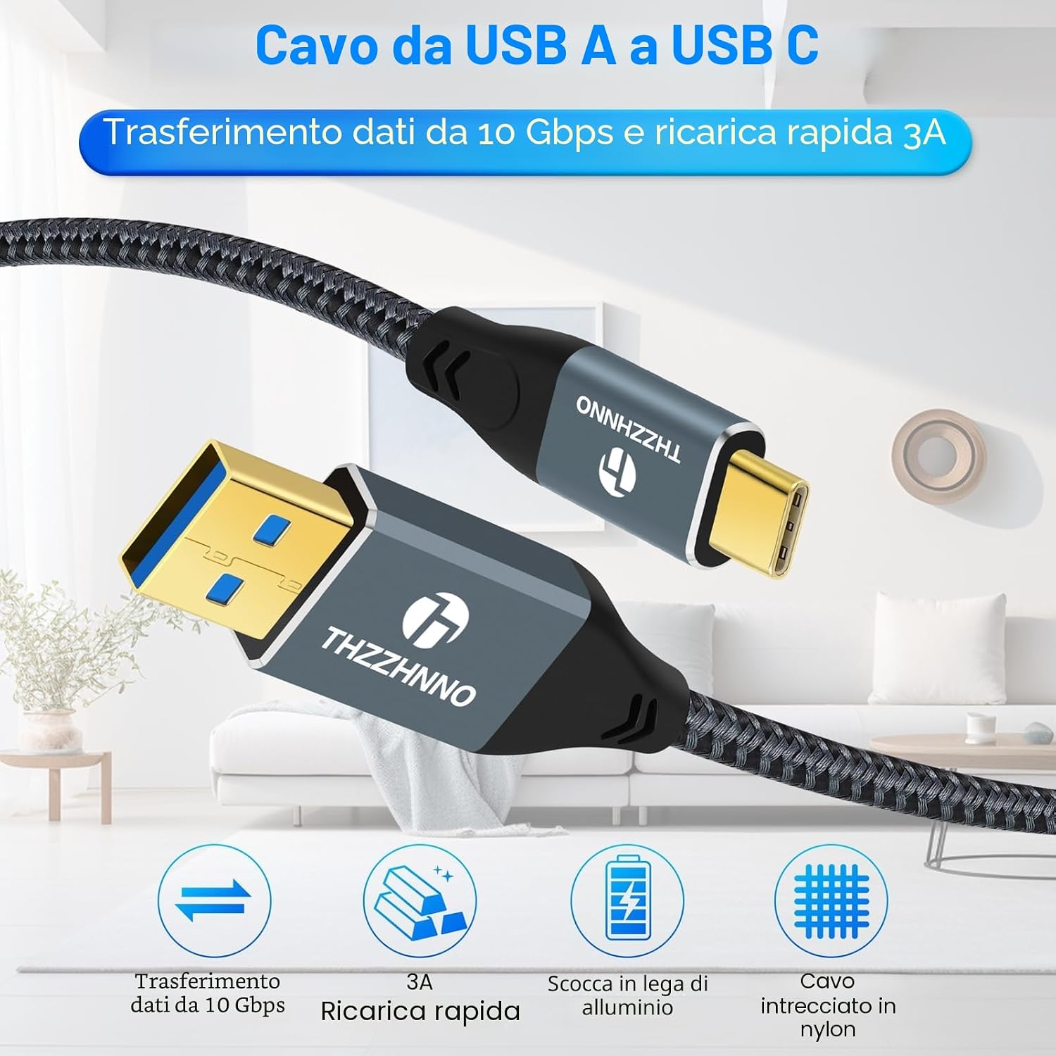 Detalle de Thzzhnno Cavo USB A a USB C 3m – 2 pezzi, USB 3.1 Gen2, 10 Gbps