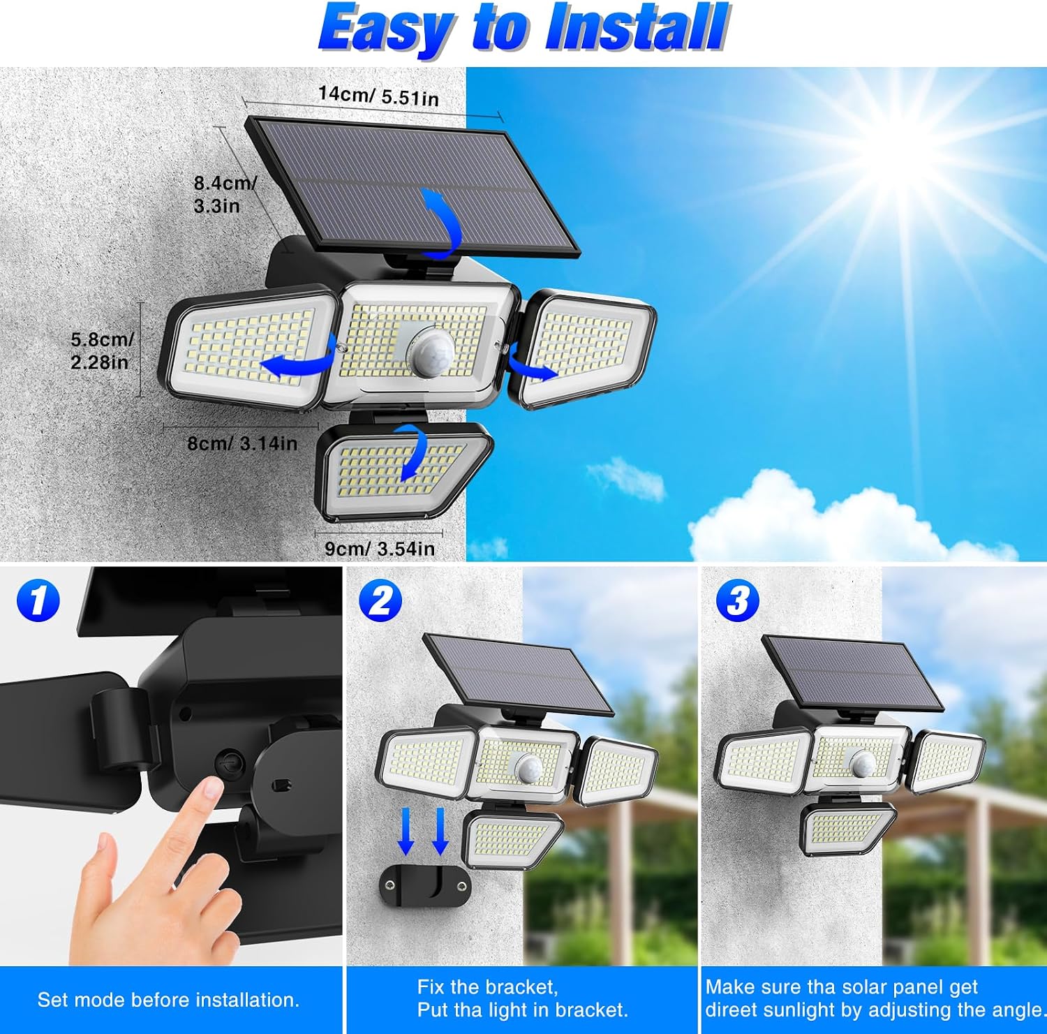 Thumbnail 6 de Peasur faretto LED da esterno solare con sensore di movimento e 318 LED