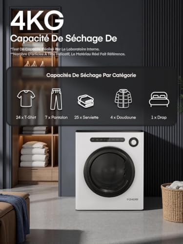 Thumbnail 6 de FOHERE sèche-linge à évacuation 4 kg, 1 200 W, 6 programmes, tambour inox