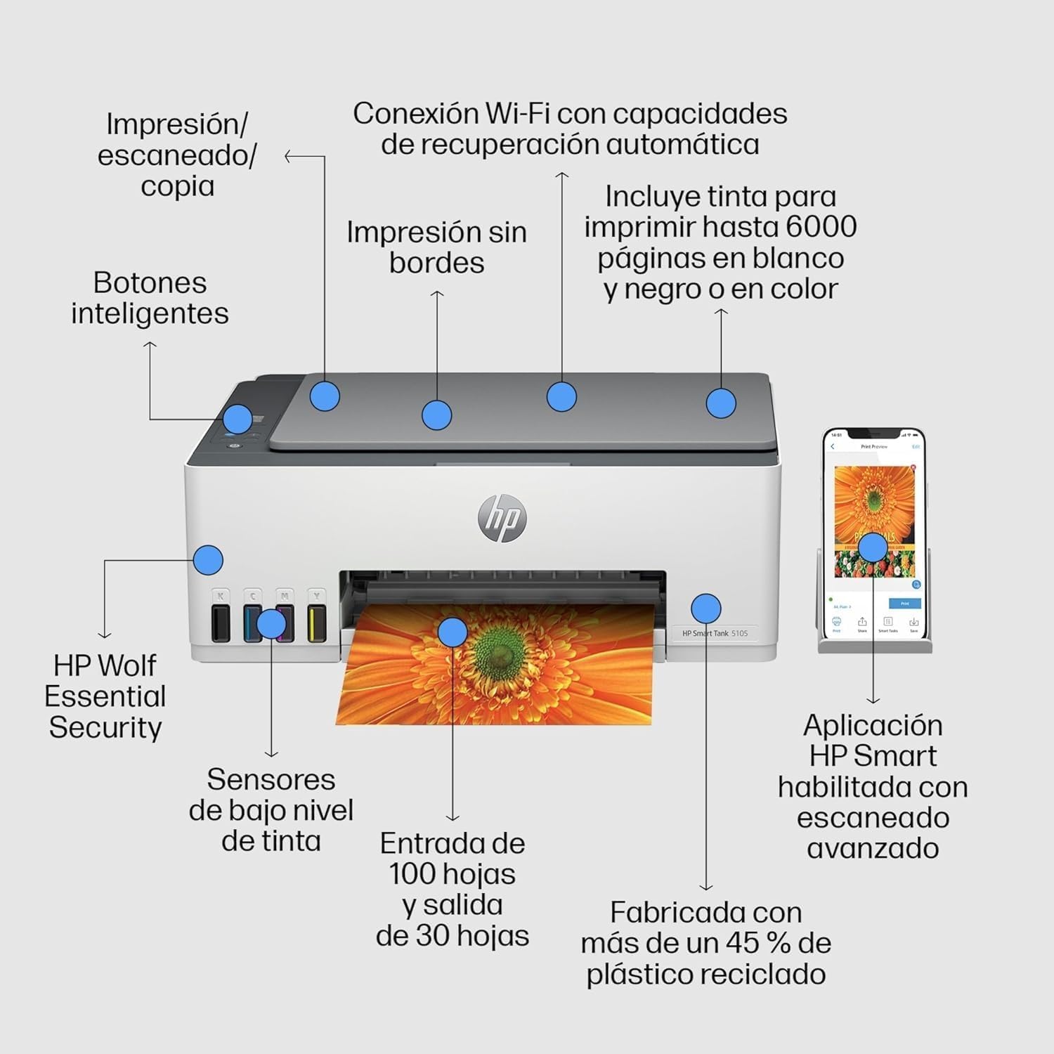 Detalle de HP Smart Tank 5105: Impresora multifunción 3 en 1 con gran depósito de tinta y Wi‑Fi