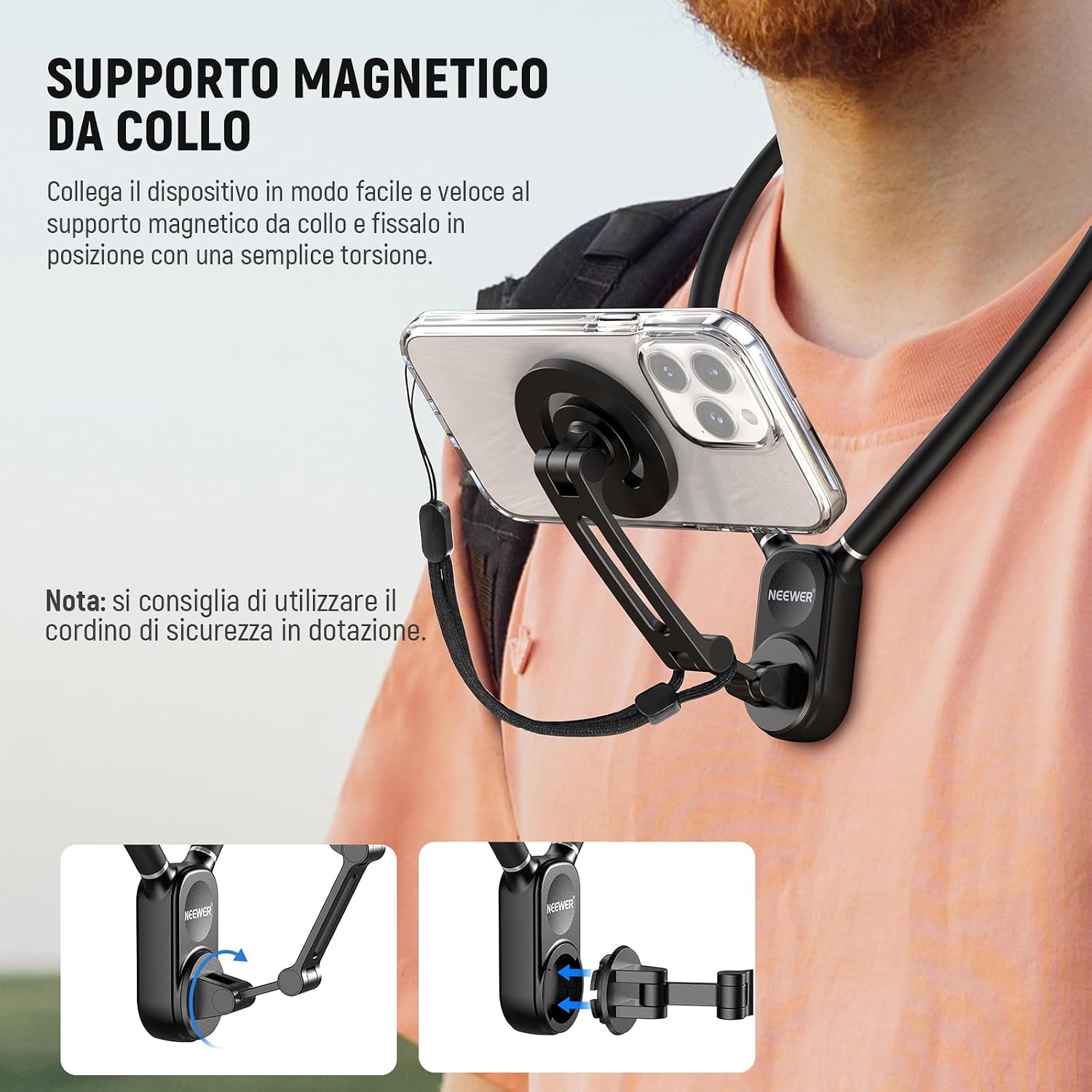 Detalle de NEEWER GP-16 supporto magnetico da collo per Action Camera e telefono (POV) con panno pulizia