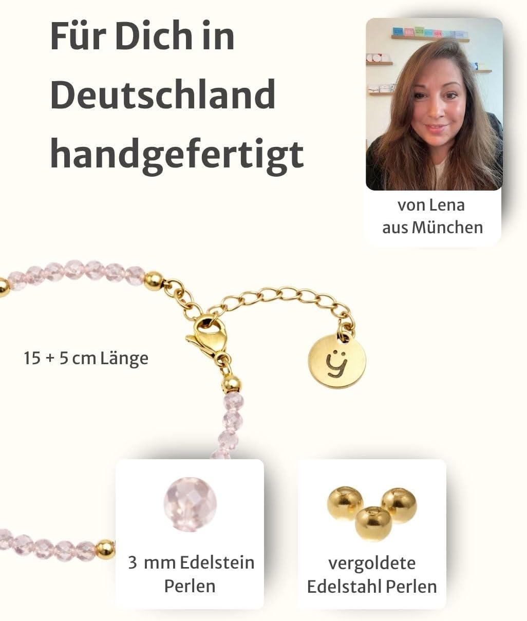 Detalle de happymaker Rosenquarz-Perlenarmband aus 925 Sterling Silber (oder vergoldet) mit Verlängerungskette