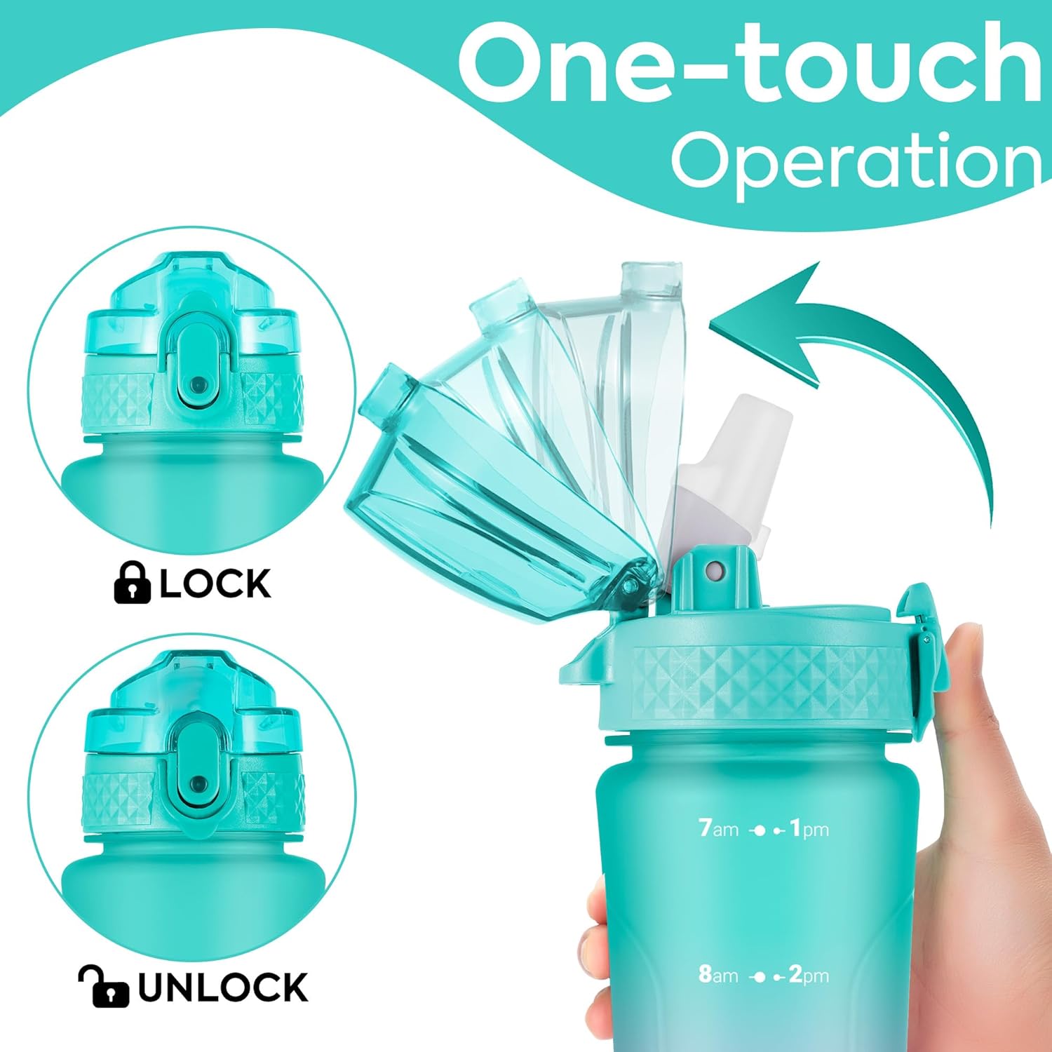 Detalle de Oldley 450ml/15oz kids water bottle with straw lid, time markings and one-touch opening (BPA-free, leakproof)