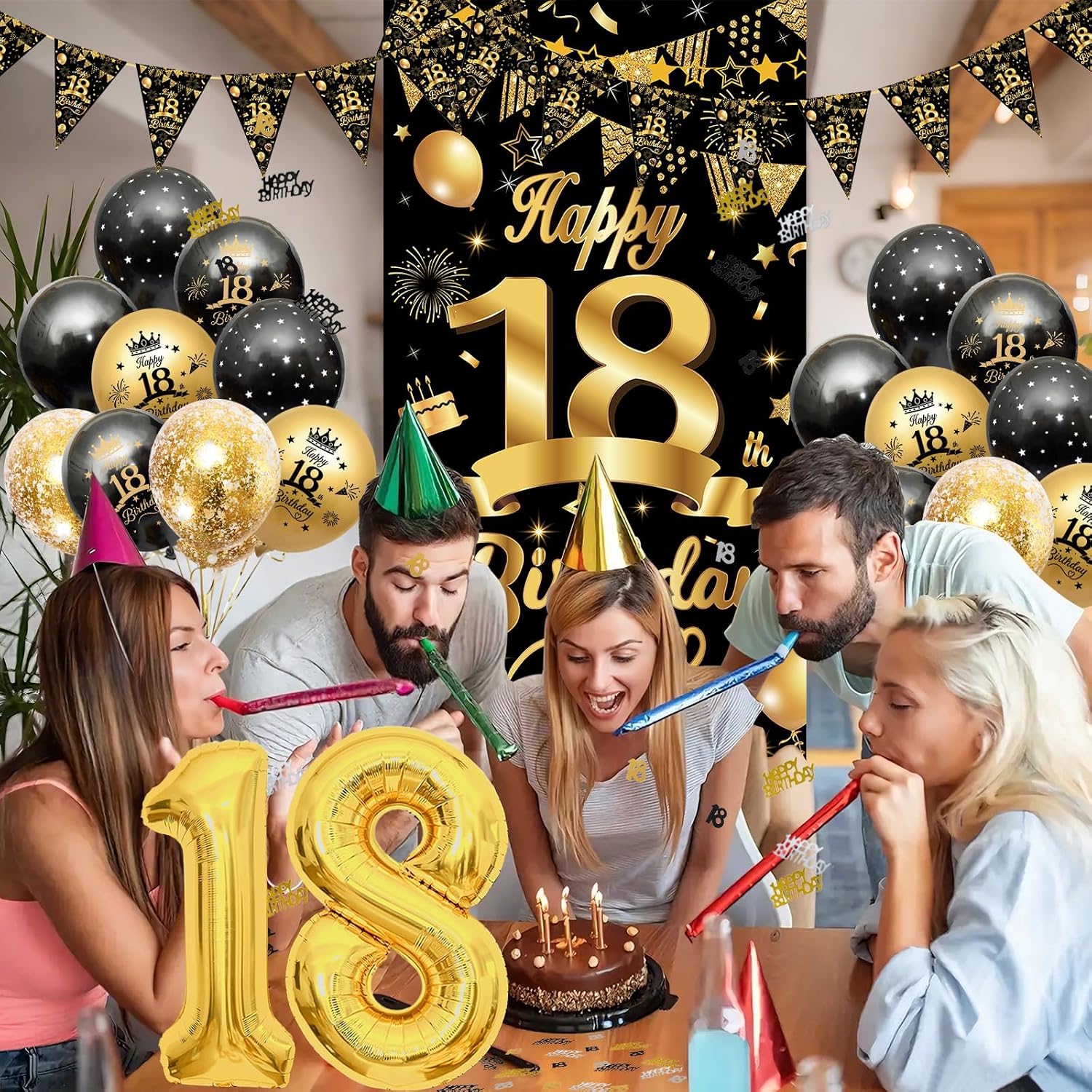 Detalle de AivaToba 18th Birthday Decorations for Boys & Girls – Black & Gold Balloons, Banner & Triangle Flags