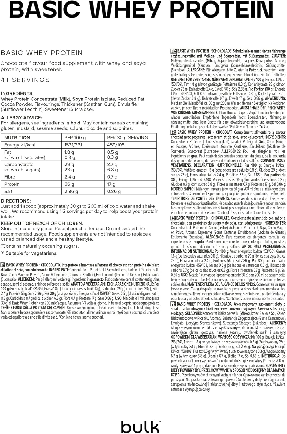 Detalle de Bulk Basic Proteína de Suero 1,25 kg — 18 g por ración 🥤