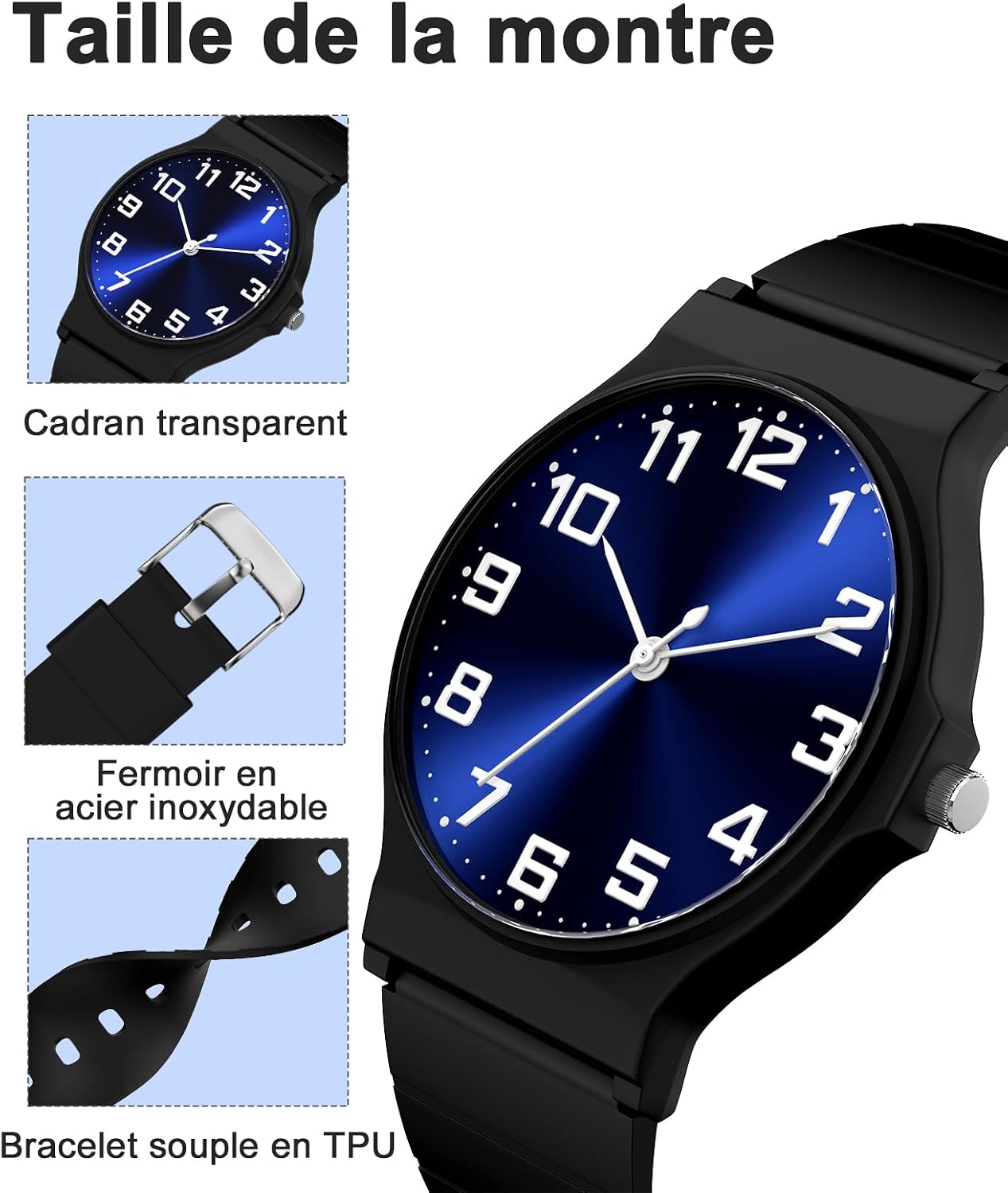 Detalle de SOCICO Montre analogique Enfants 30M étanche Cadran Clair Noir Bleu