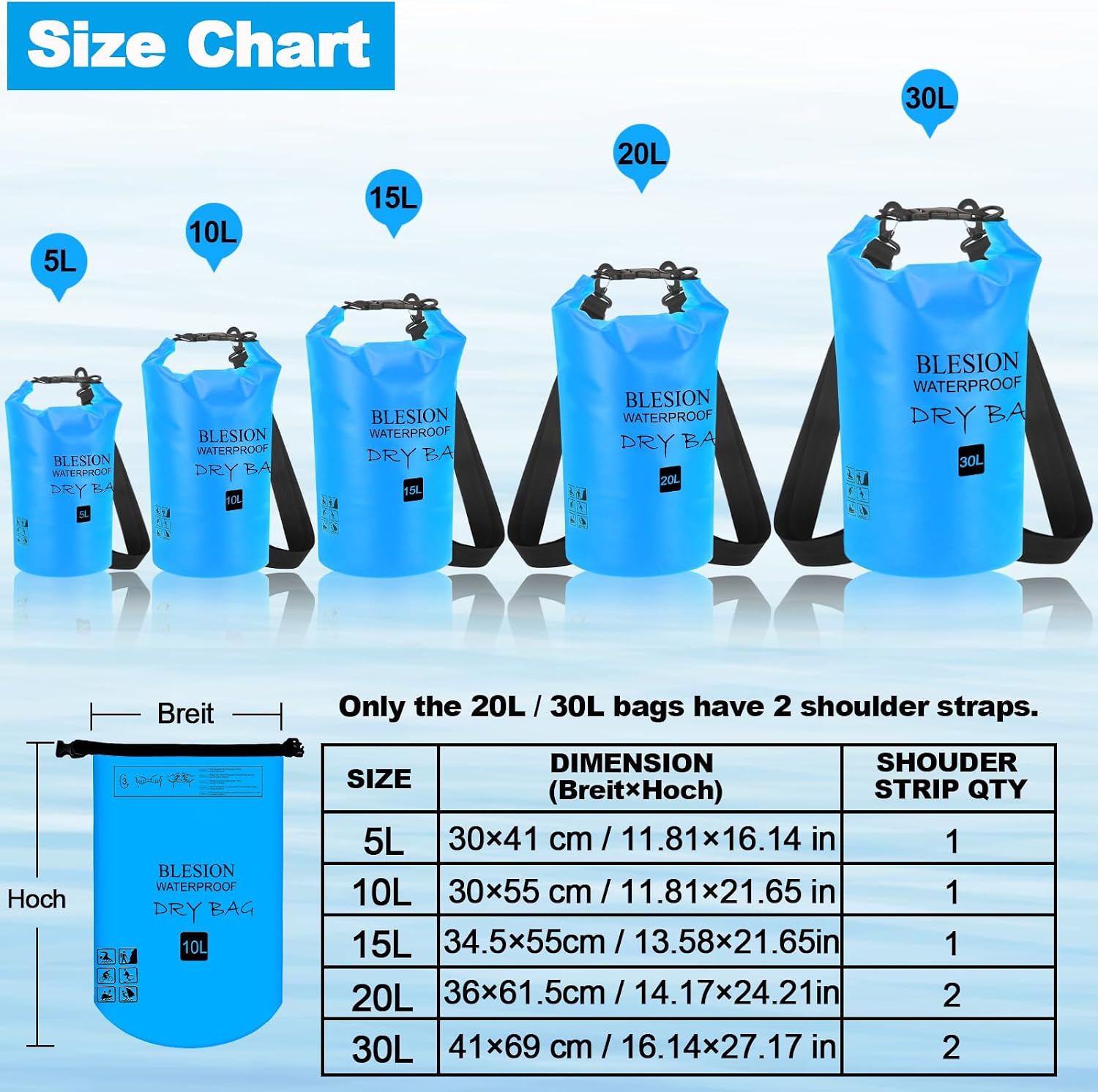 Detalle 2 de BLESION Dry Bag 5L–30L: Wasserdichte Tasche mit verstellbarem Schultergurt für Kajak, Camping & Reisen