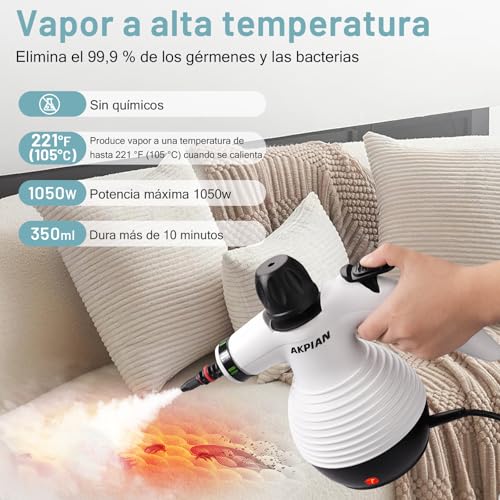 Detalle de AKPIAN Limpiador a Vapor de Mano con 10 Accesorios