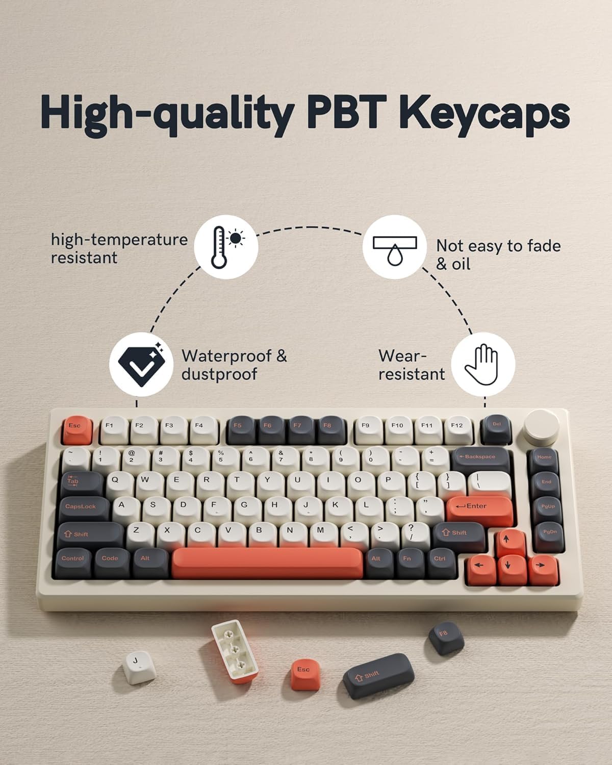 Detalle de Keymatic Kc-001 109-Key MOA Keycap Set, Dye-Sublimated Vintage Gray-Orange
