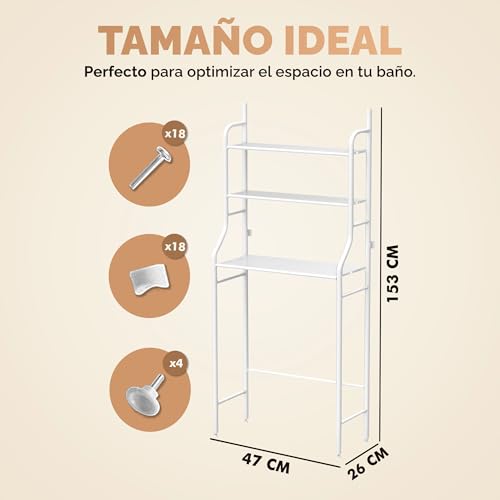 Detalle 2 de JUPPLIES Estantería Baño sobre Inodoro (47×26×153 cm) – Mueble auxiliar de 3 niveles en metal blanco